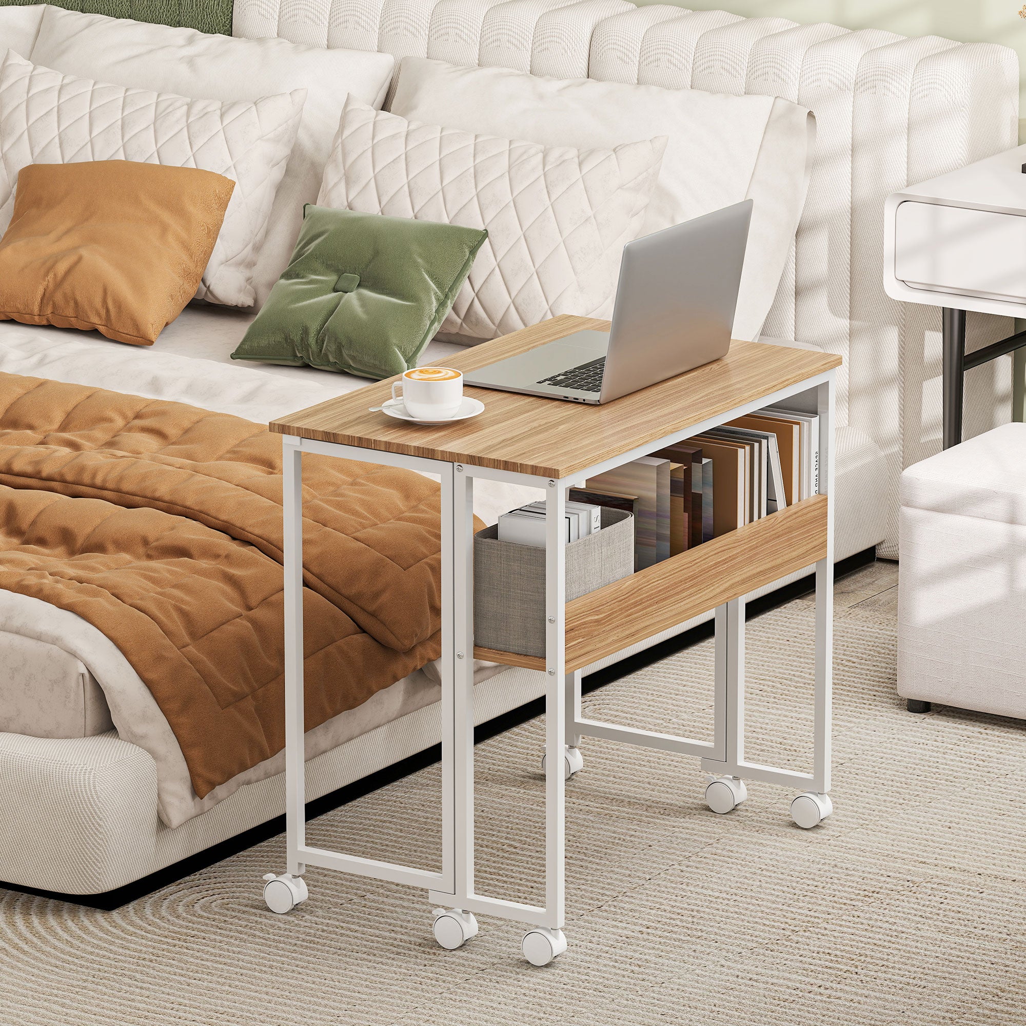 31.5" Foldable Computer Desk w/ Storage Bag & Shelf, Portable Writing Table on Wheels, Natural - Image 10