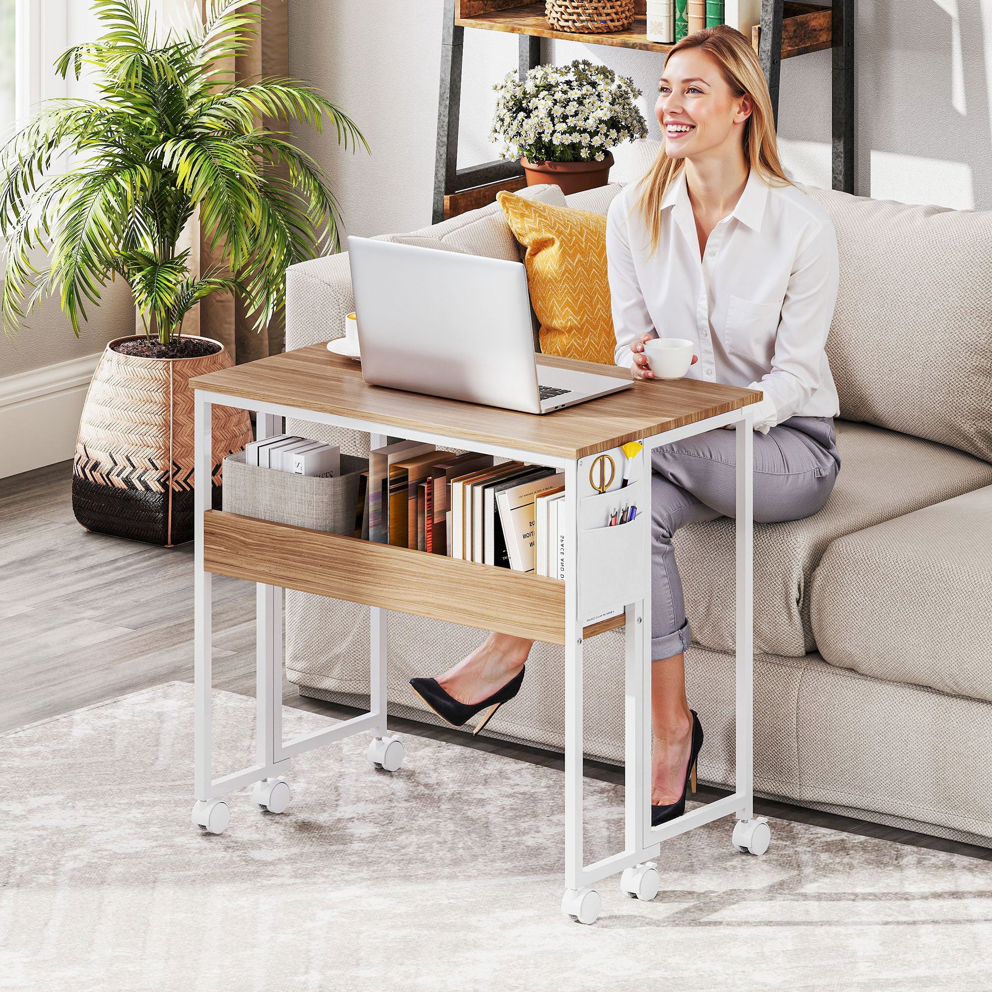 31.5" Foldable Computer Desk w/ Storage Bag & Shelf, Portable Writing Table on Wheels, Natural - Image 11
