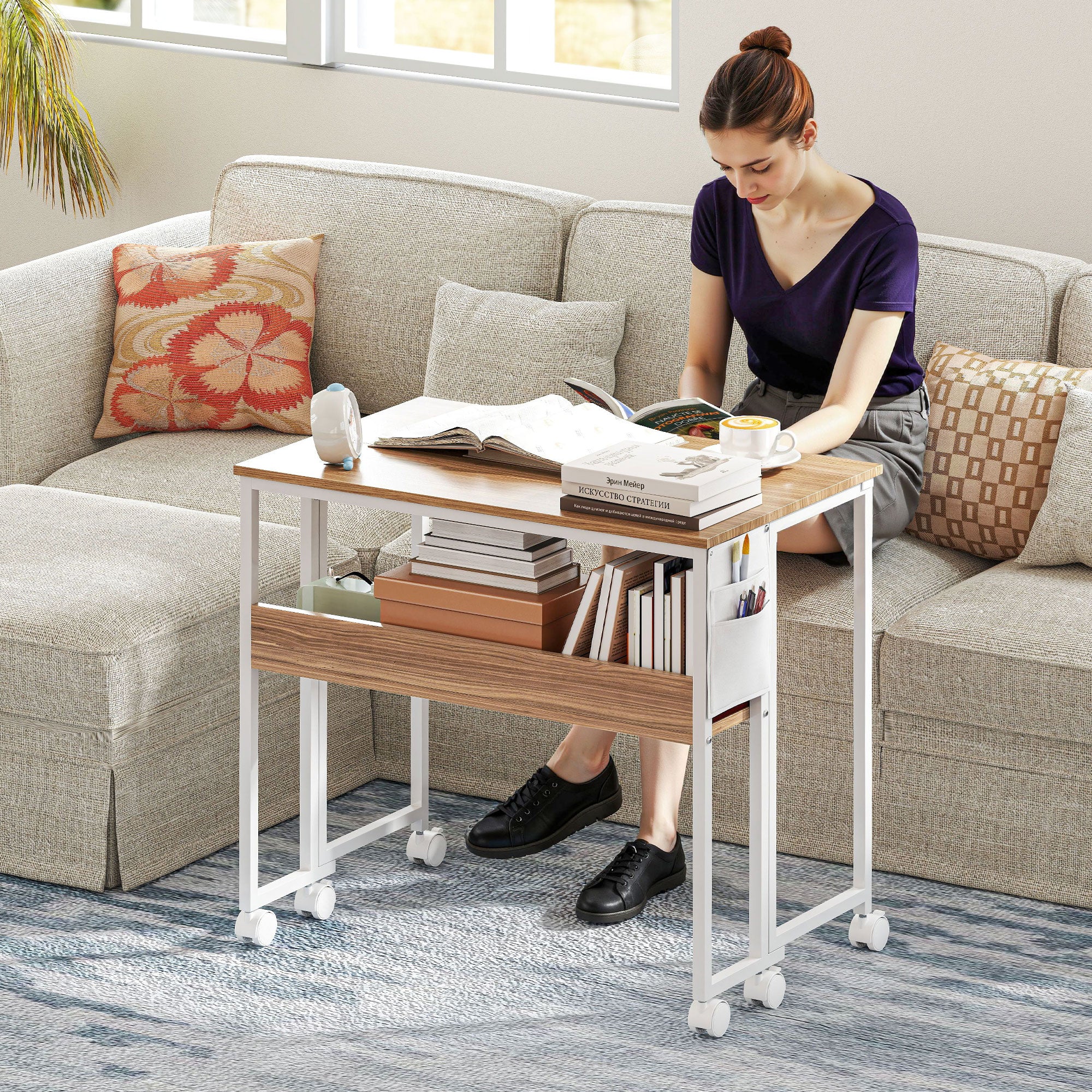 31.5" Foldable Computer Desk w/ Storage Bag & Shelf, Portable Writing Table on Wheels, Natural - Image 3