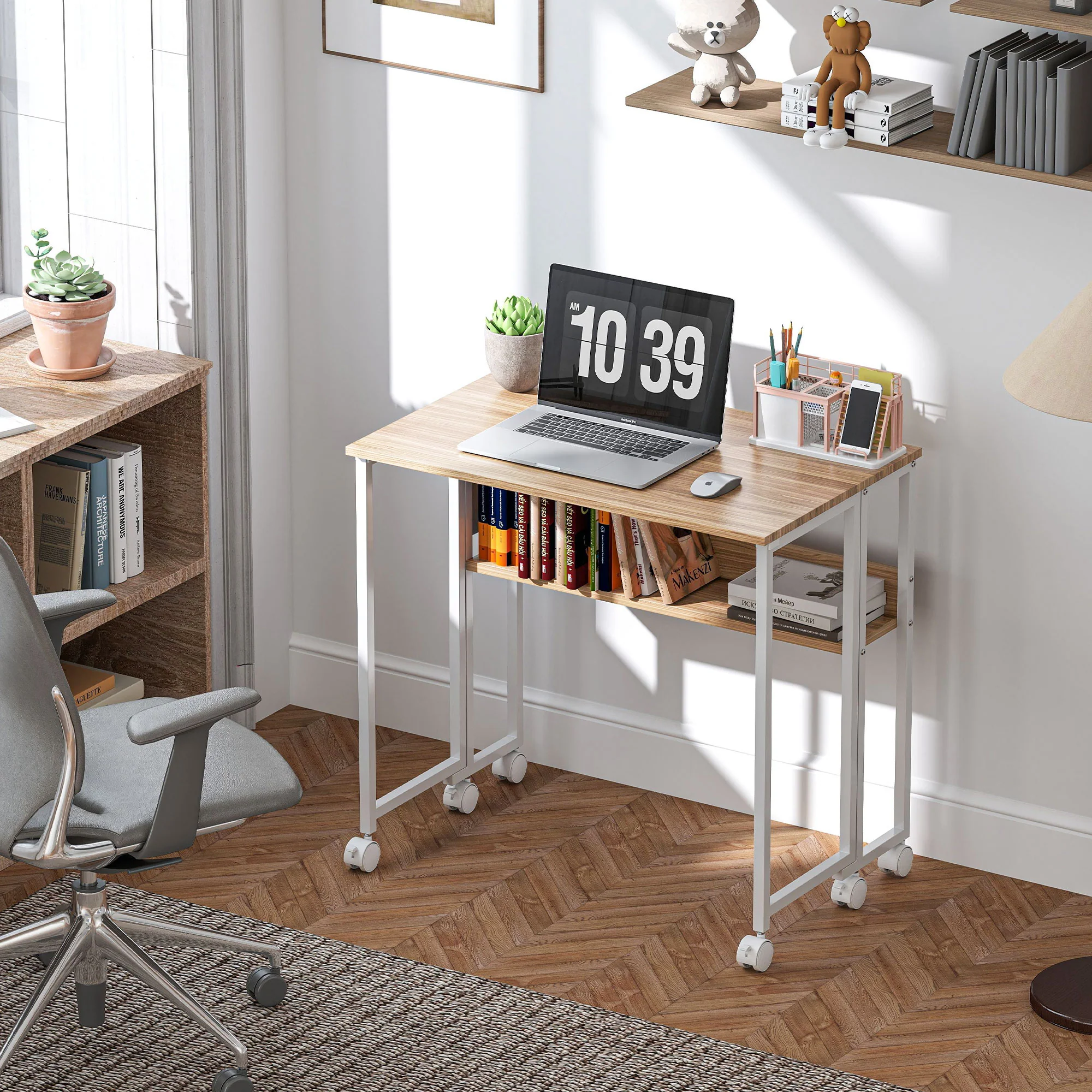 31.5" Foldable Computer Desk w/ Storage Bag & Shelf, Portable Writing Table on Wheels, Natural - Image 4