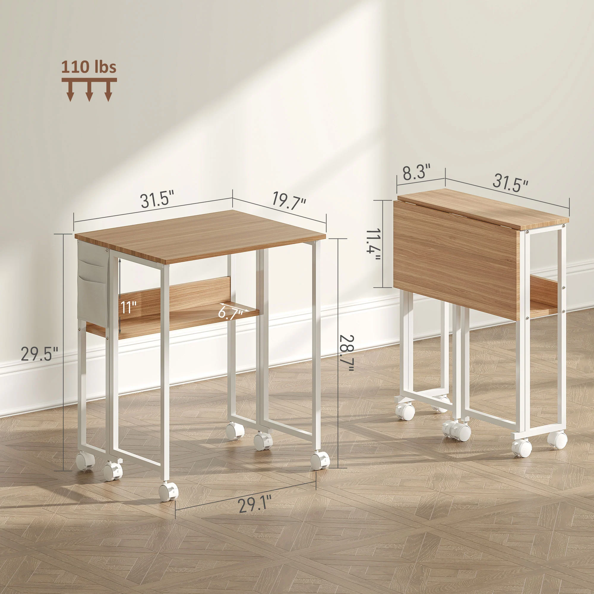 31.5" Foldable Computer Desk w/ Storage Bag & Shelf, Portable Writing Table on Wheels, Natural - Image 5