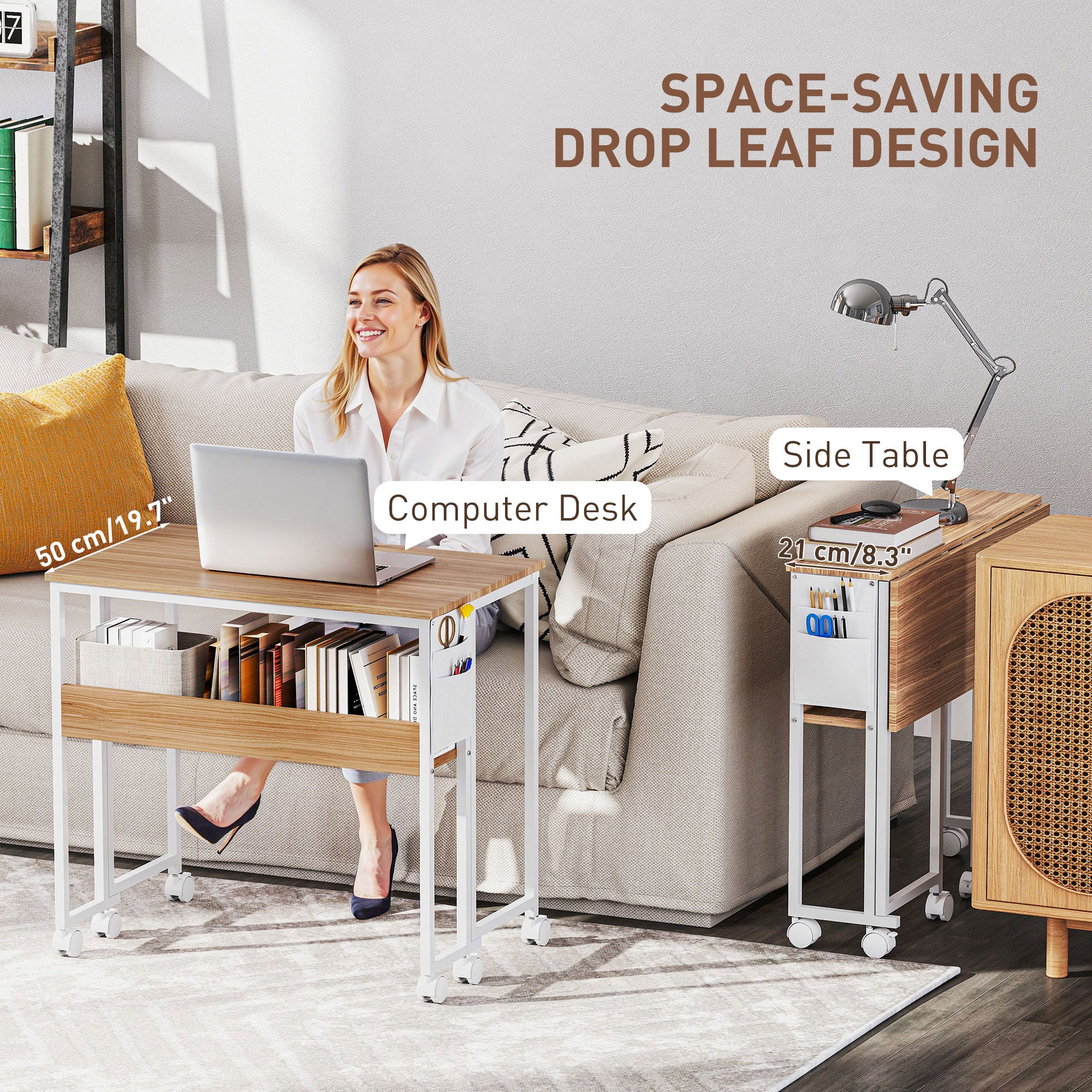 31.5" Foldable Computer Desk w/ Storage Bag & Shelf, Portable Writing Table on Wheels, Natural - Image 6