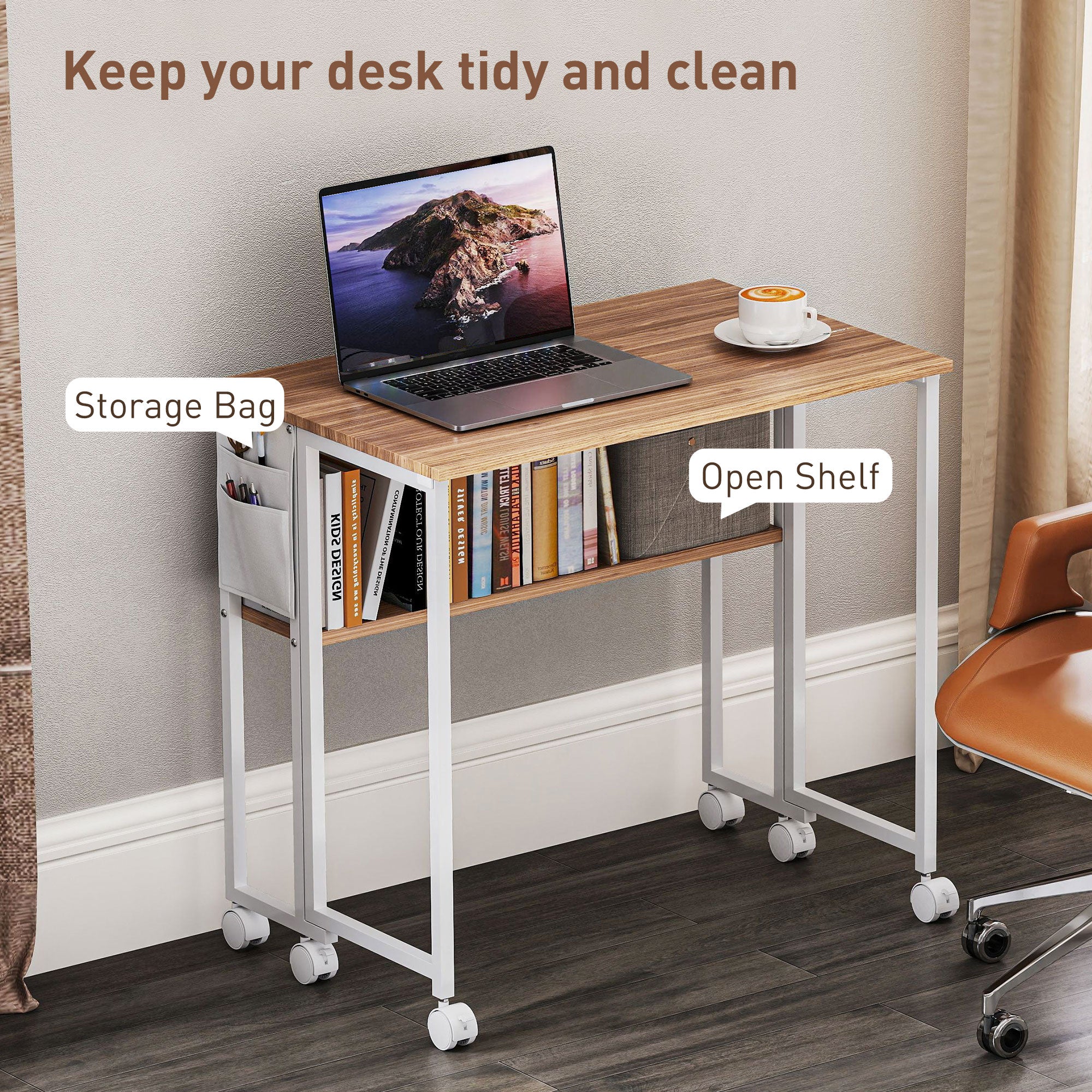 31.5" Foldable Computer Desk w/ Storage Bag & Shelf, Portable Writing Table on Wheels, Natural - Image 7