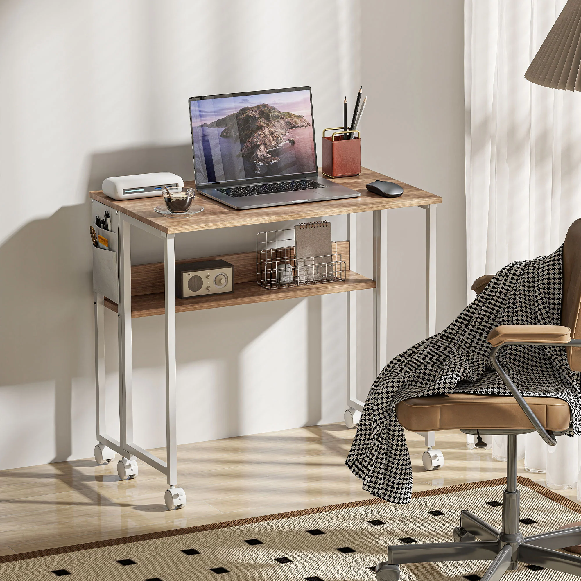 31.5" Foldable Computer Desk w/ Storage Bag & Shelf, Portable Writing Table on Wheels, Natural - Image 9