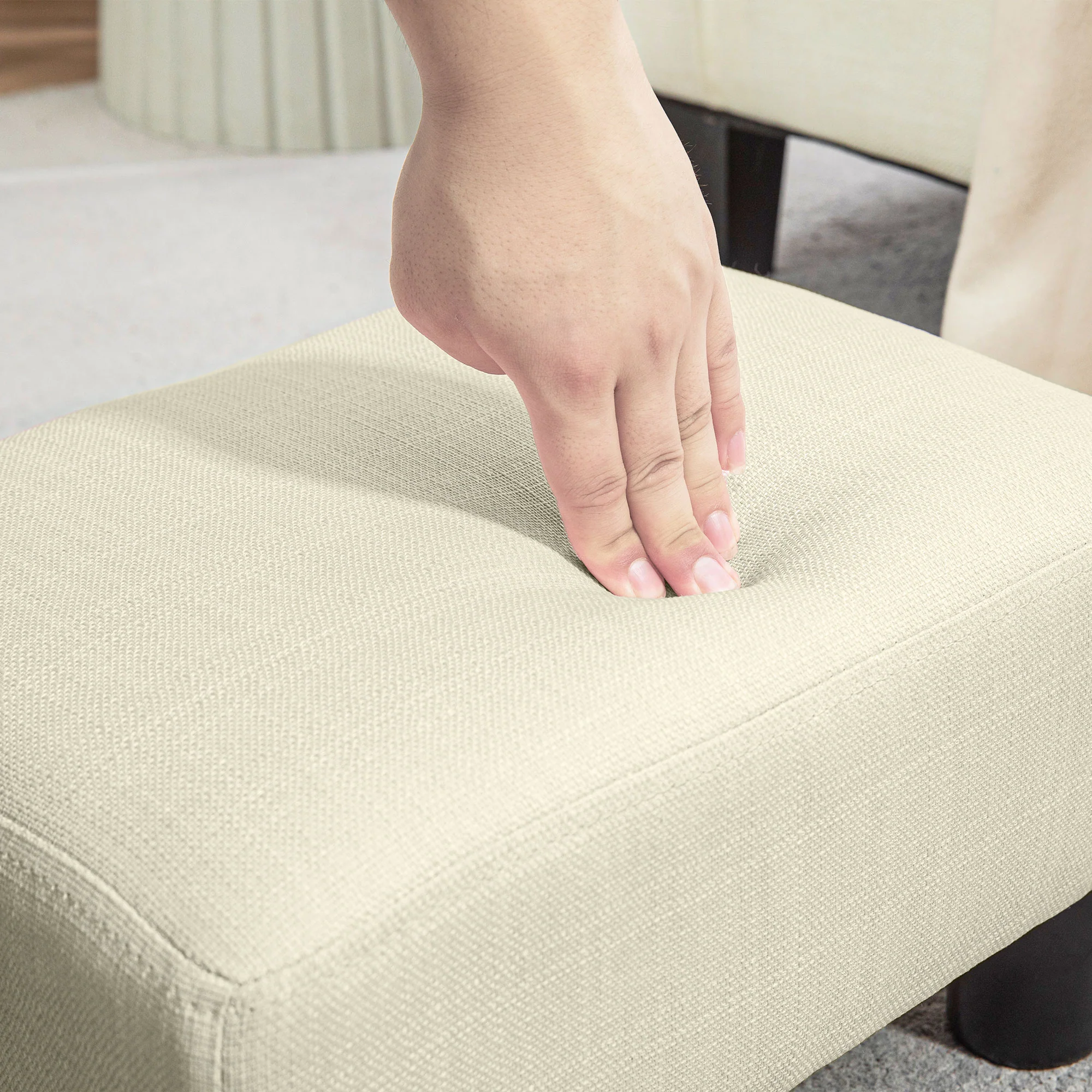 Small Ottoman Foot Rest with Linen Fabric Upholstery & Plastic Legs, Cube, Beige - Image 10