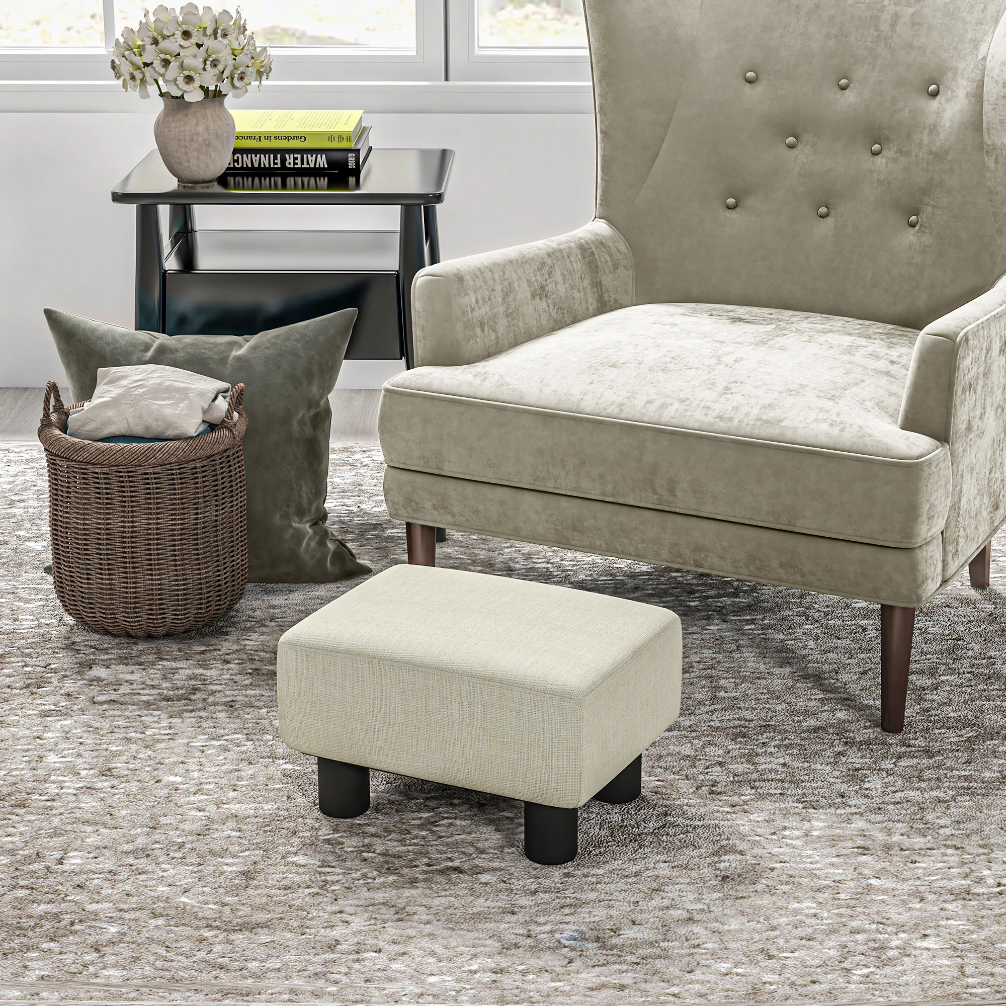Small Ottoman Foot Rest with Linen Fabric Upholstery & Plastic Legs, Cube, Beige - Image 3