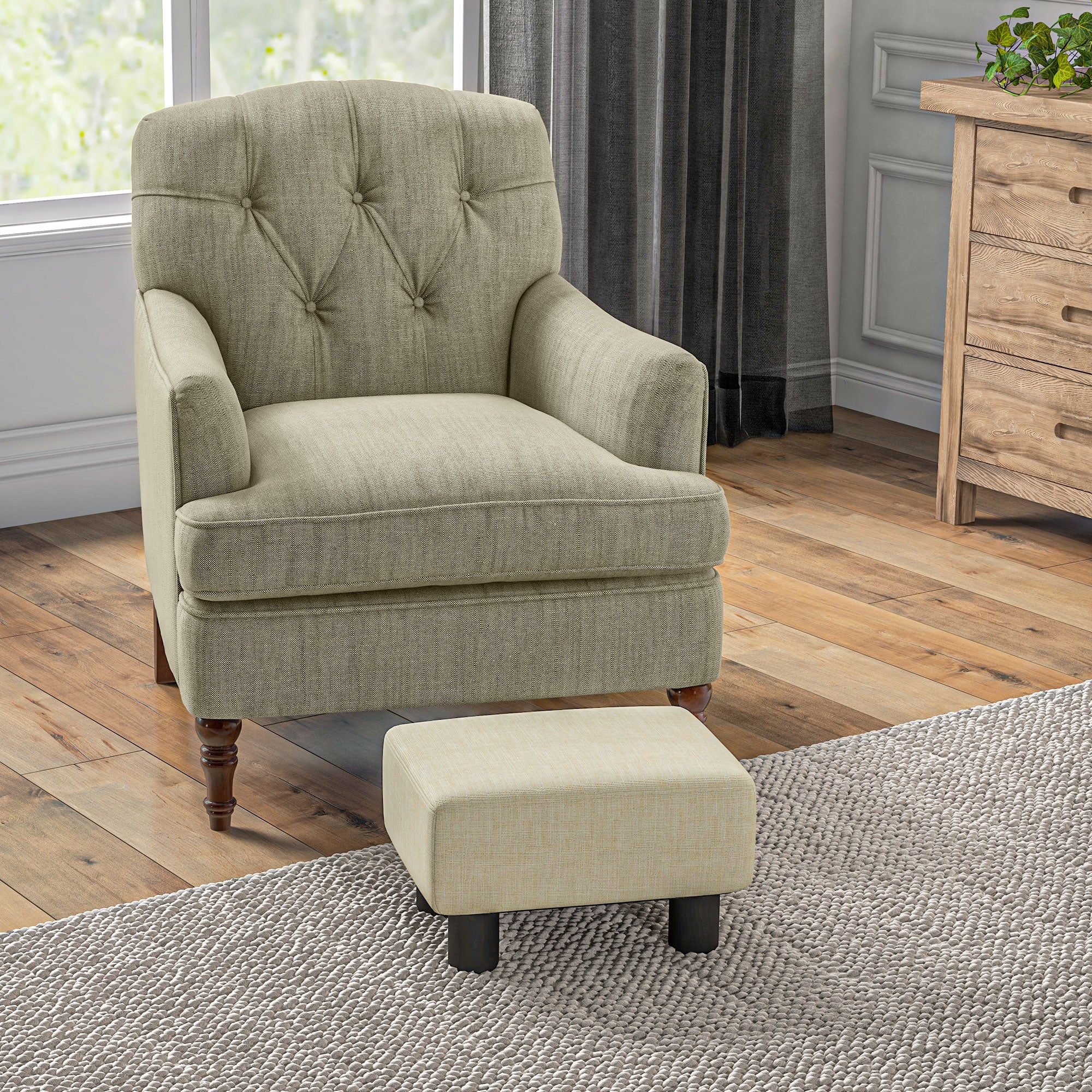 Small Ottoman Foot Rest with Linen Fabric Upholstery & Plastic Legs, Cube, Beige - Image 4