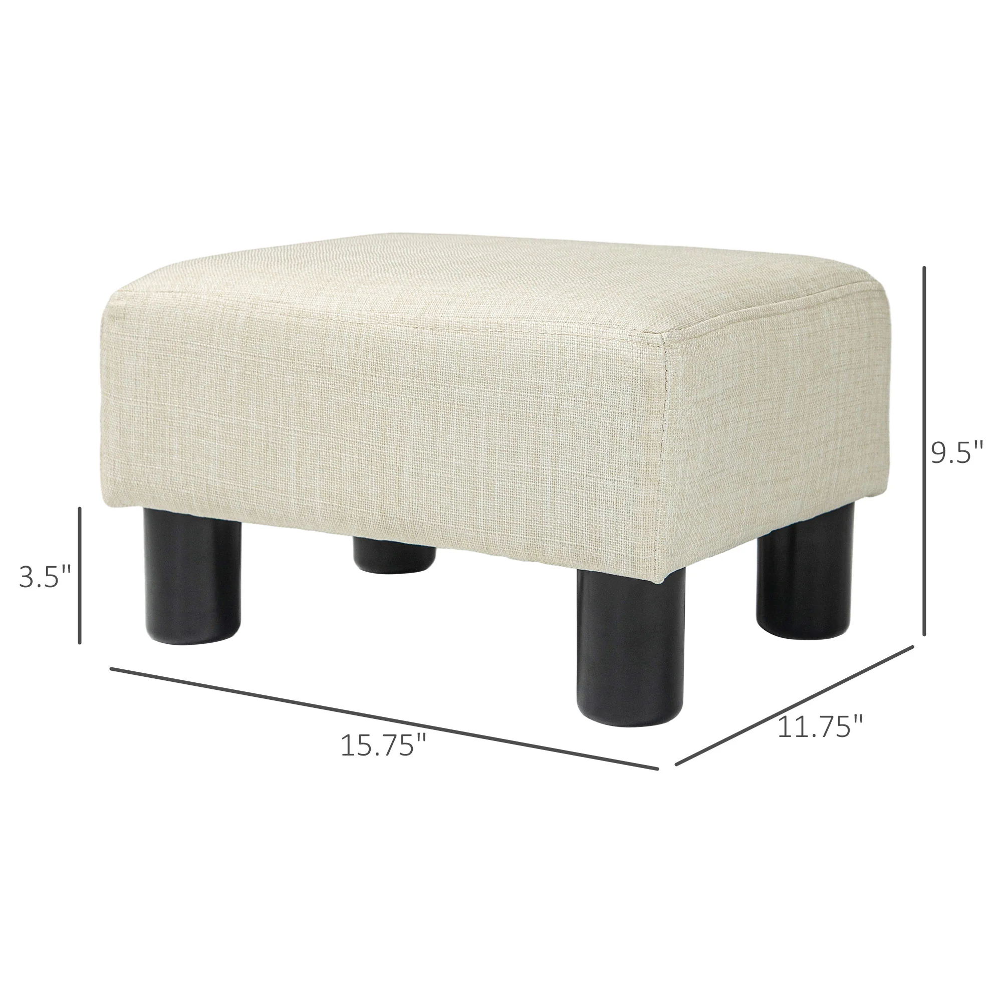 Small Ottoman Foot Rest with Linen Fabric Upholstery & Plastic Legs, Cube, Beige - Image 5