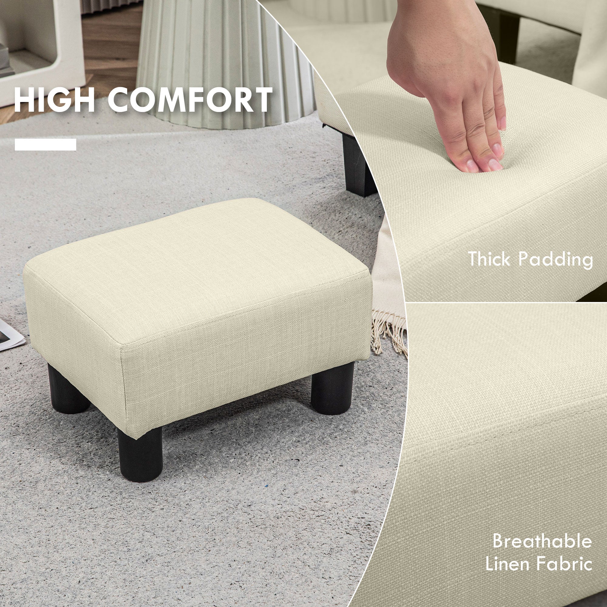 Small Ottoman Foot Rest with Linen Fabric Upholstery & Plastic Legs, Cube, Beige - Image 6