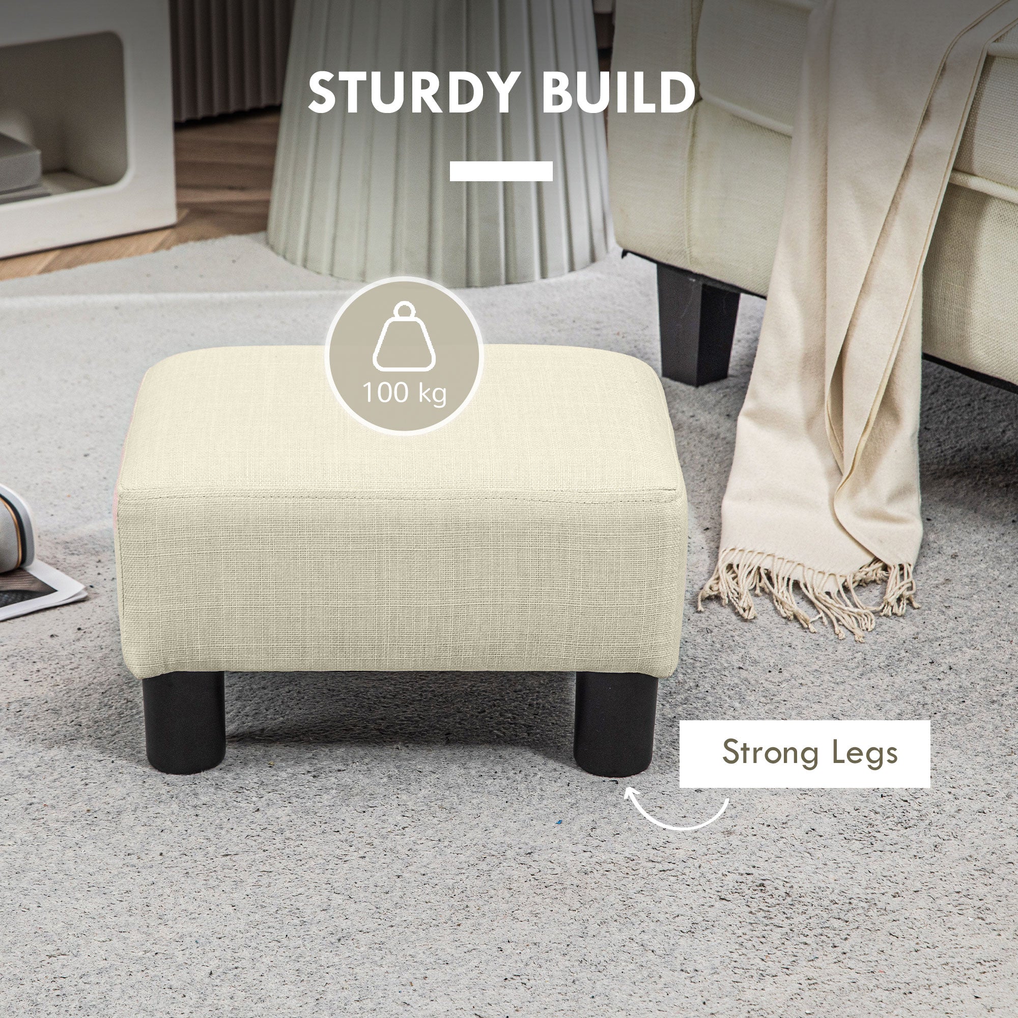 Small Ottoman Foot Rest with Linen Fabric Upholstery & Plastic Legs, Cube, Beige - Image 7