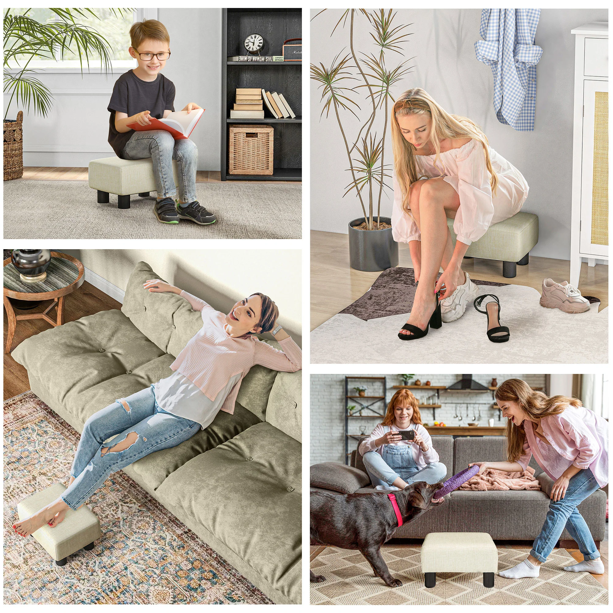 Small Ottoman Foot Rest with Linen Fabric Upholstery & Plastic Legs, Cube, Beige - Image 8