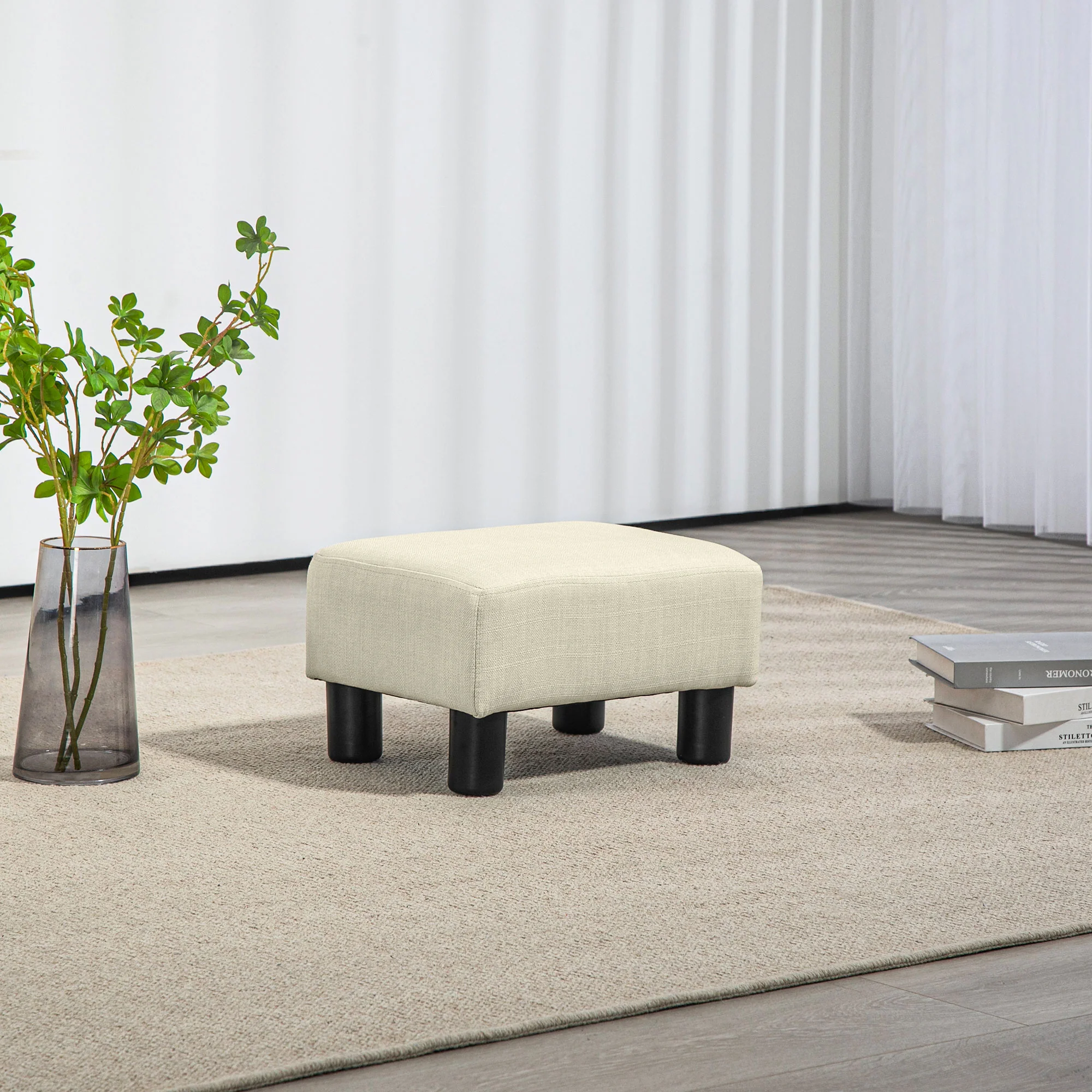 Small Ottoman Foot Rest with Linen Fabric Upholstery & Plastic Legs, Cube, Beige - Image 9