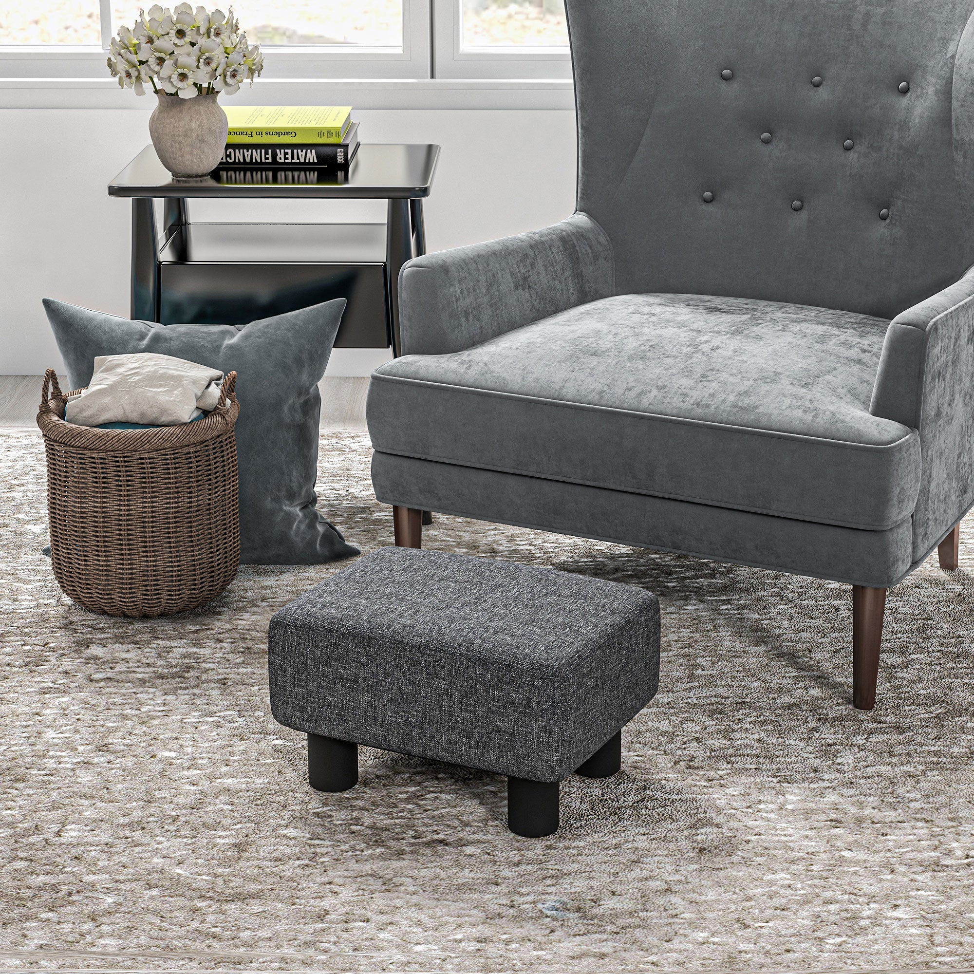 Small Ottoman Foot Rest with Linen Fabric Upholstery & Plastic Legs, Cube, Charcoal Gray - Image 3