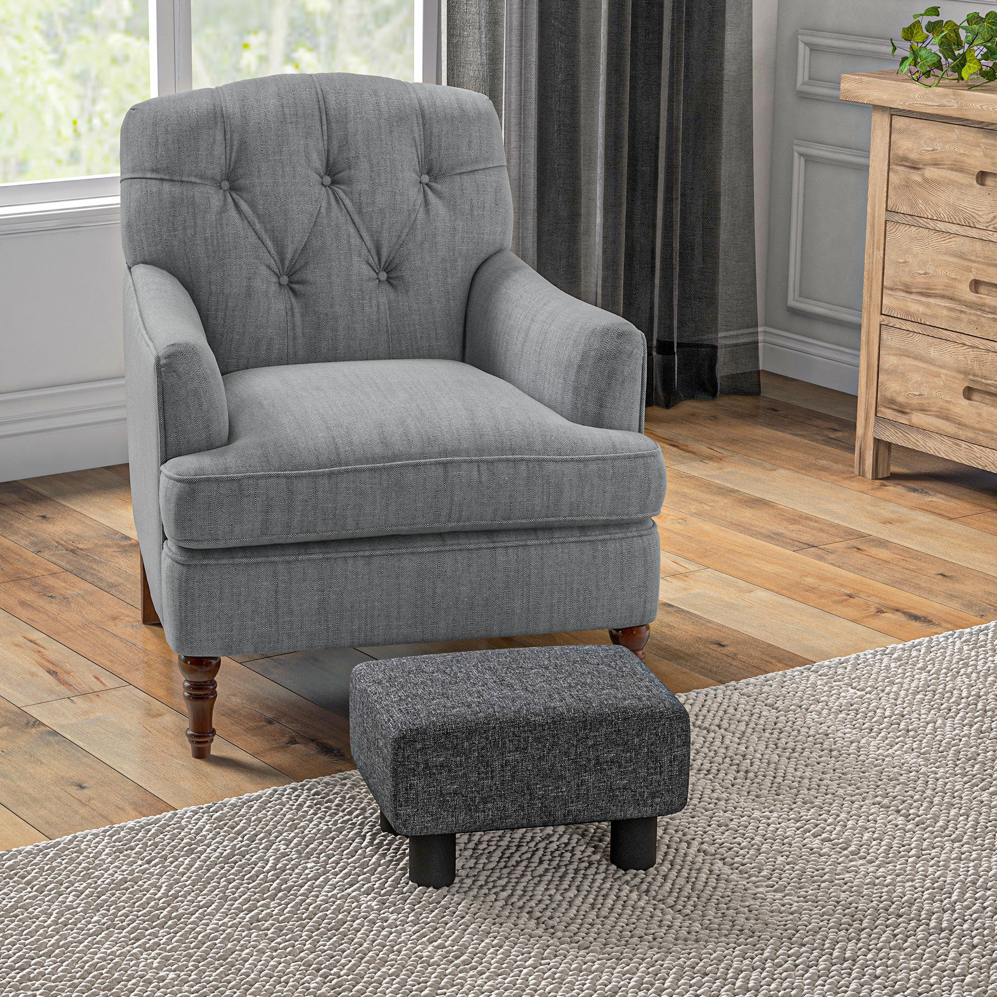 Small Ottoman Foot Rest with Linen Fabric Upholstery & Plastic Legs, Cube, Charcoal Gray - Image 4