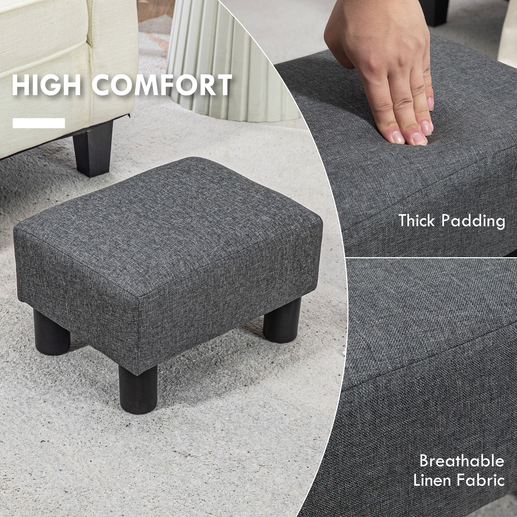 Small Ottoman Foot Rest with Linen Fabric Upholstery & Plastic Legs, Cube, Charcoal Gray - Image 6