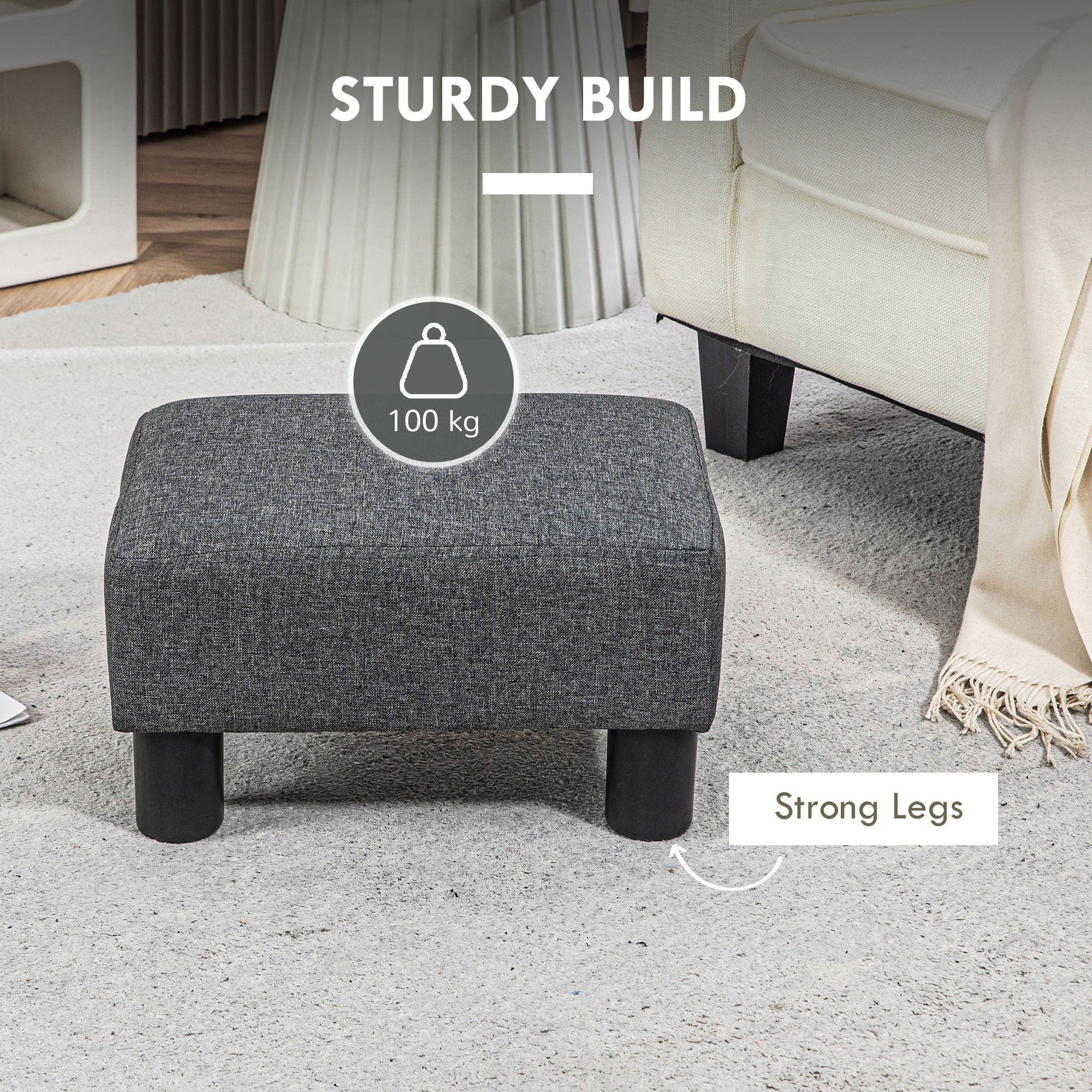 Small Ottoman Foot Rest with Linen Fabric Upholstery & Plastic Legs, Cube, Charcoal Gray - Image 7