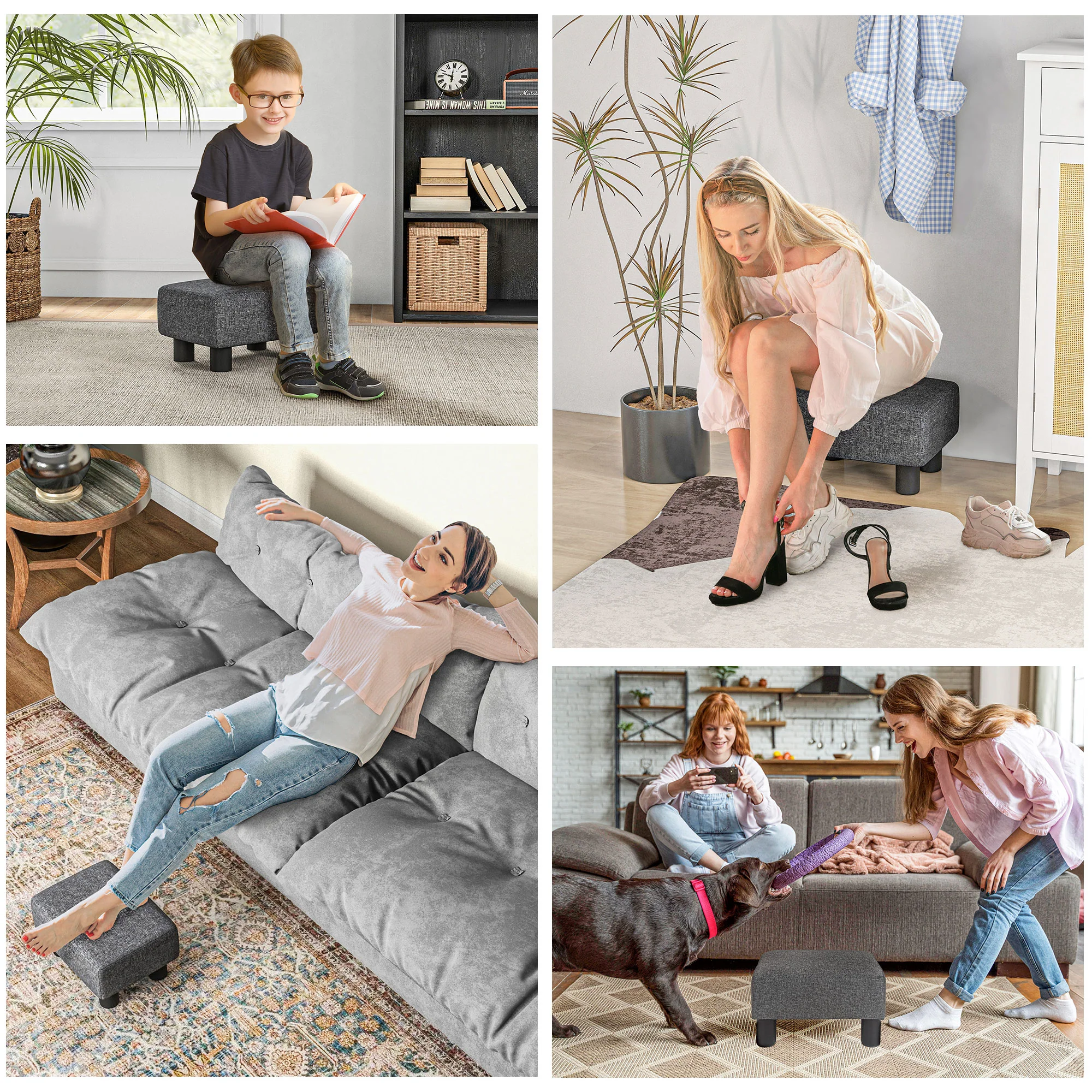 Small Ottoman Foot Rest with Linen Fabric Upholstery & Plastic Legs, Cube, Charcoal Gray - Image 8