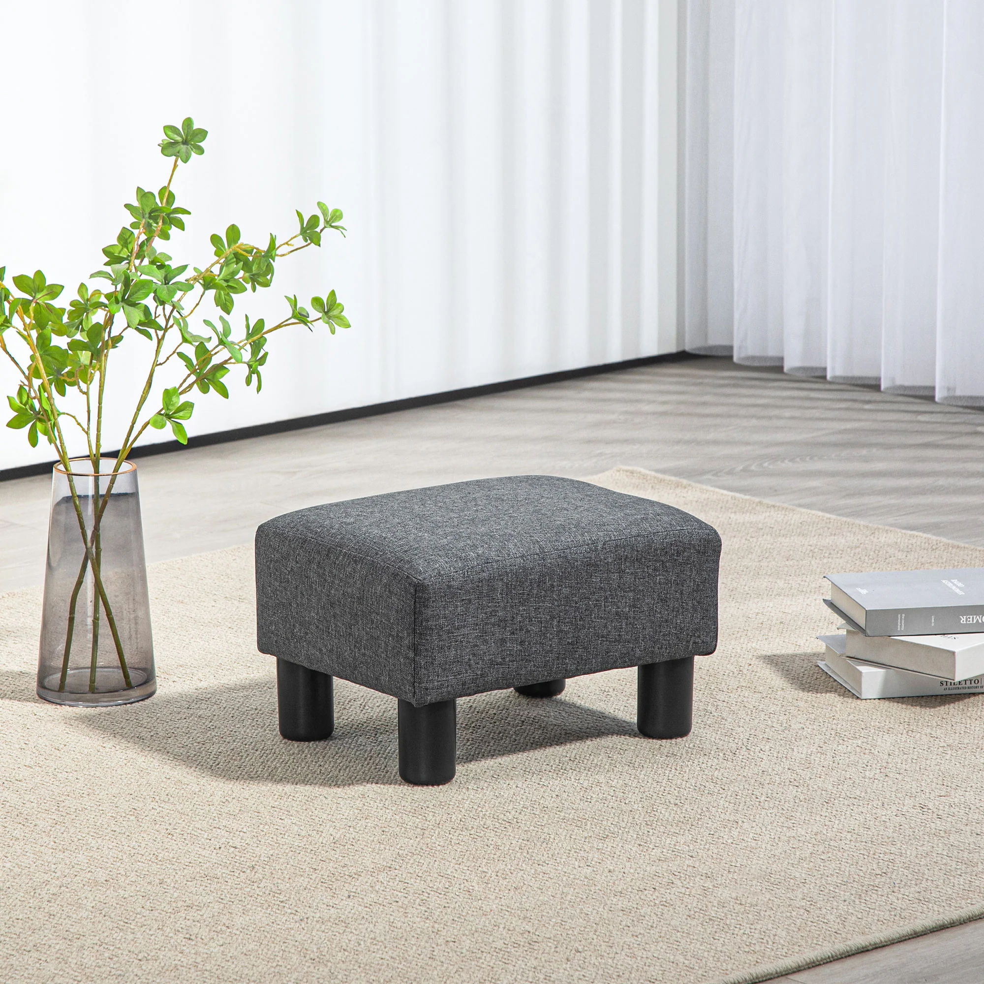 Small Ottoman Foot Rest with Linen Fabric Upholstery & Plastic Legs, Cube, Charcoal Gray - Image 9