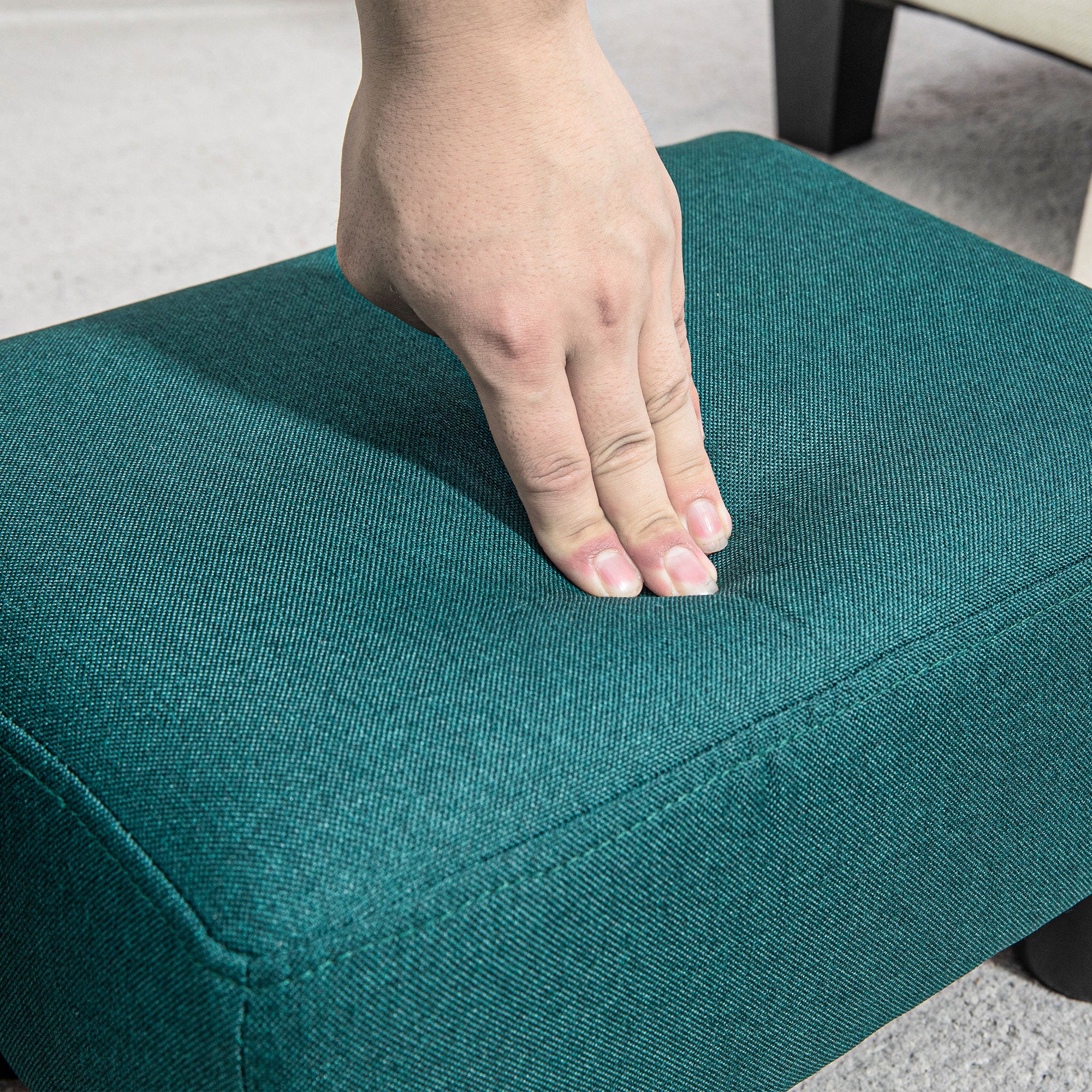 Small Ottoman Foot Rest with Linen Fabric Upholstery & Plastic Legs, Cube, Green - Image 10