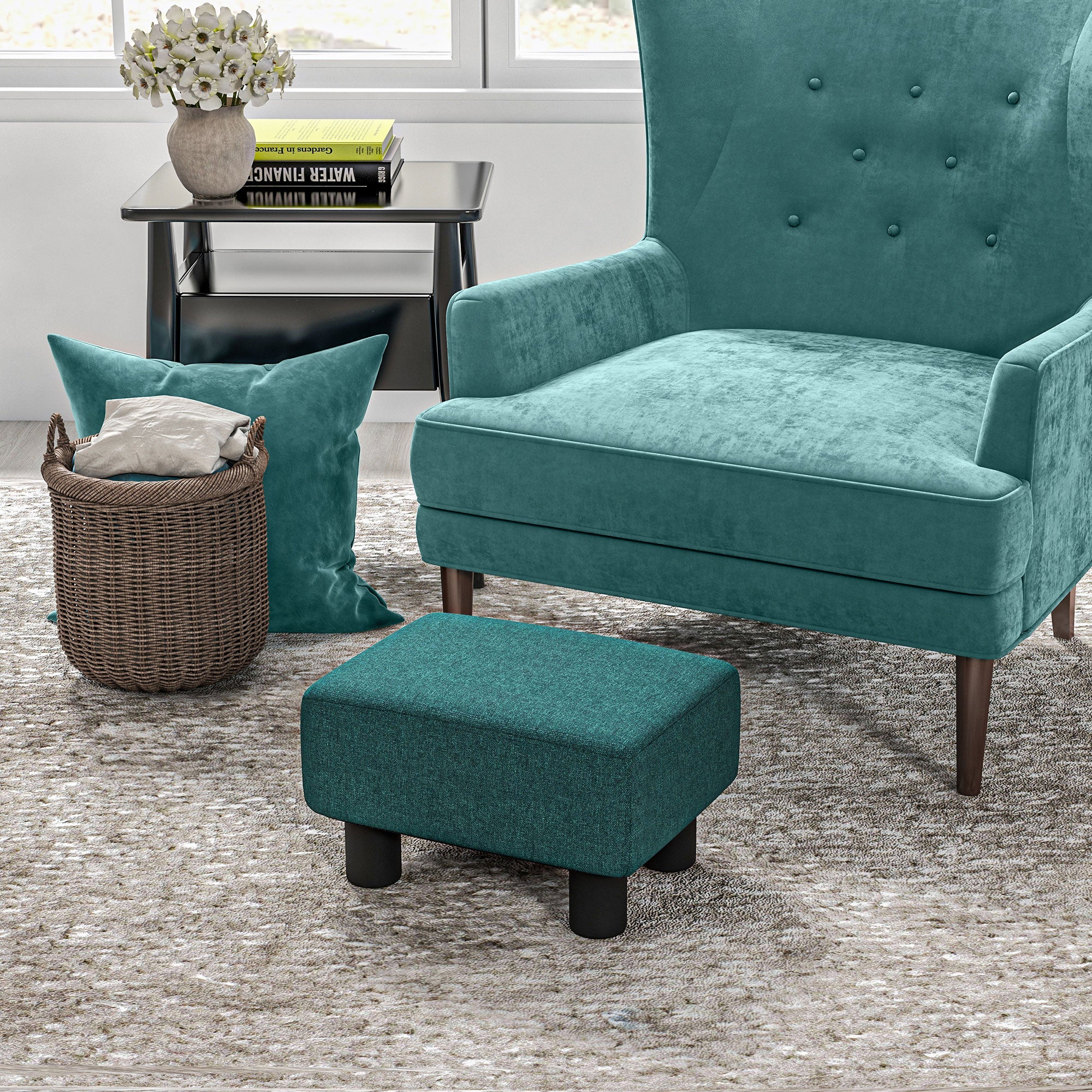Small Ottoman Foot Rest with Linen Fabric Upholstery & Plastic Legs, Cube, Green - Image 3