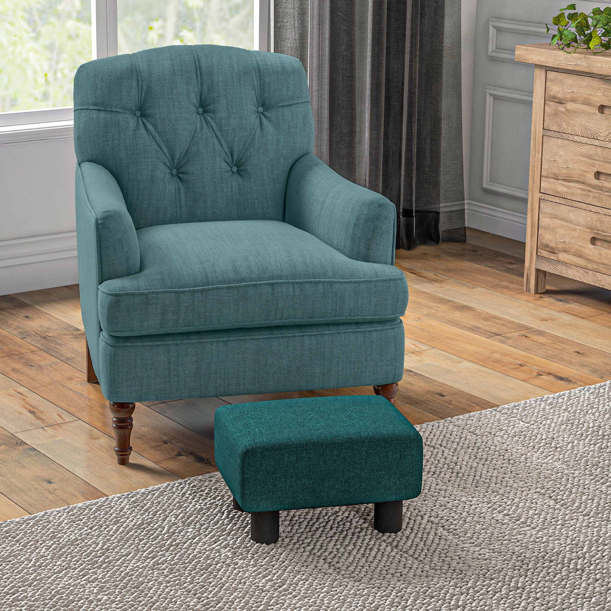 Small Ottoman Foot Rest with Linen Fabric Upholstery & Plastic Legs, Cube, Green - Image 4