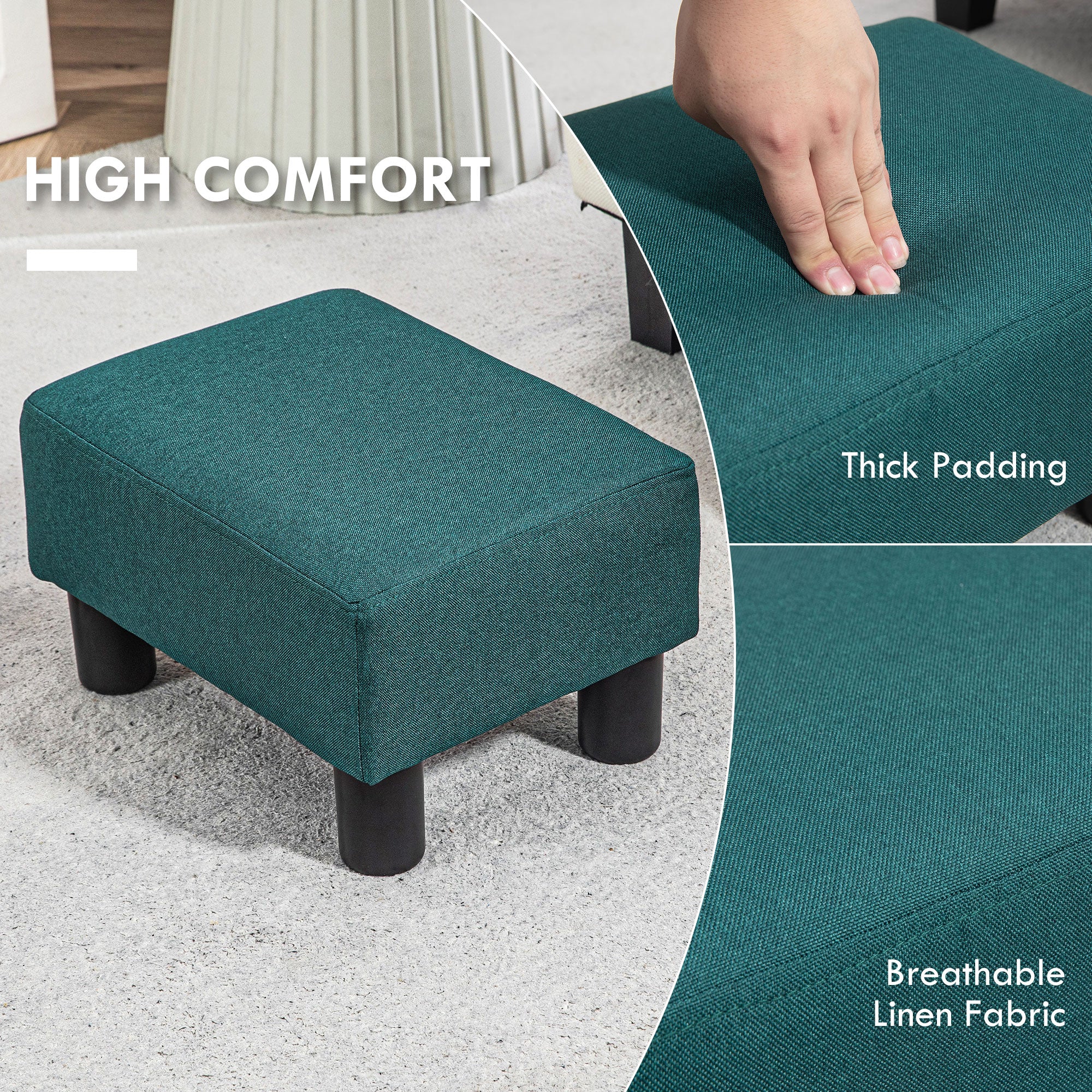Small Ottoman Foot Rest with Linen Fabric Upholstery & Plastic Legs, Cube, Green - Image 6
