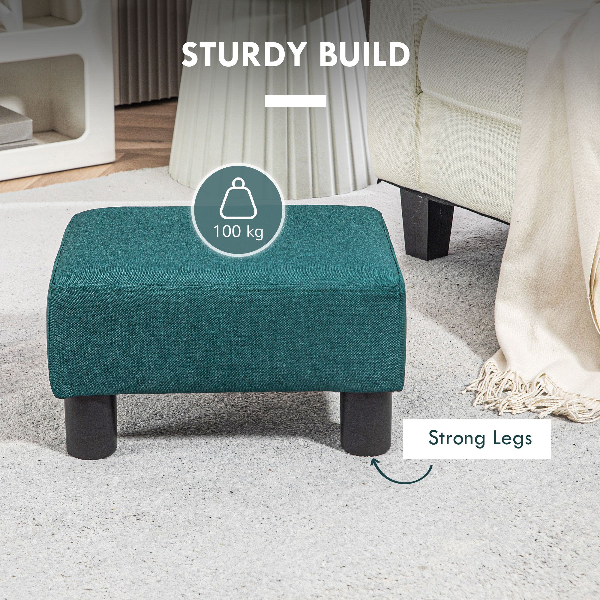 Small Ottoman Foot Rest with Linen Fabric Upholstery & Plastic Legs, Cube, Green - Image 7