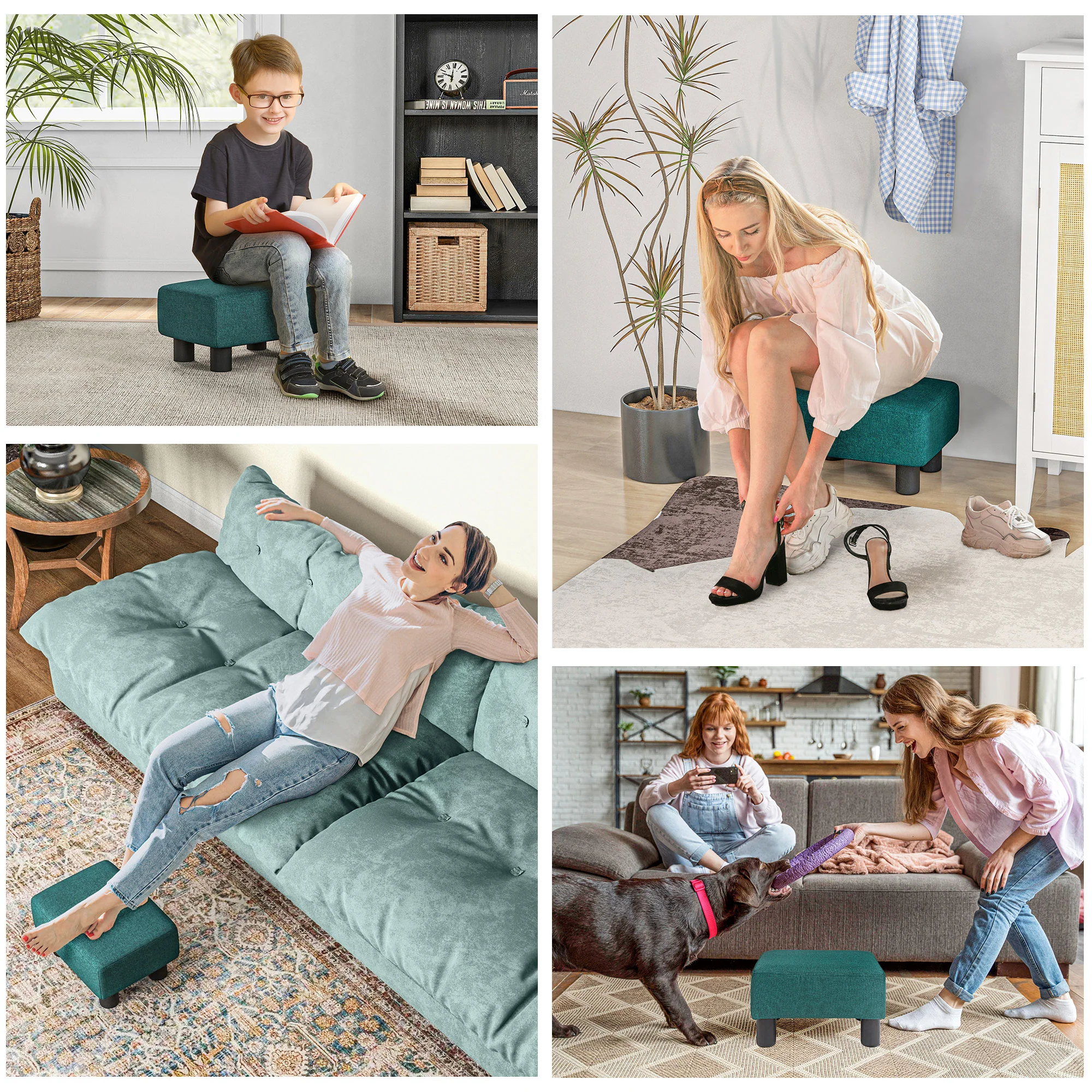 Small Ottoman Foot Rest with Linen Fabric Upholstery & Plastic Legs, Cube, Green - Image 8