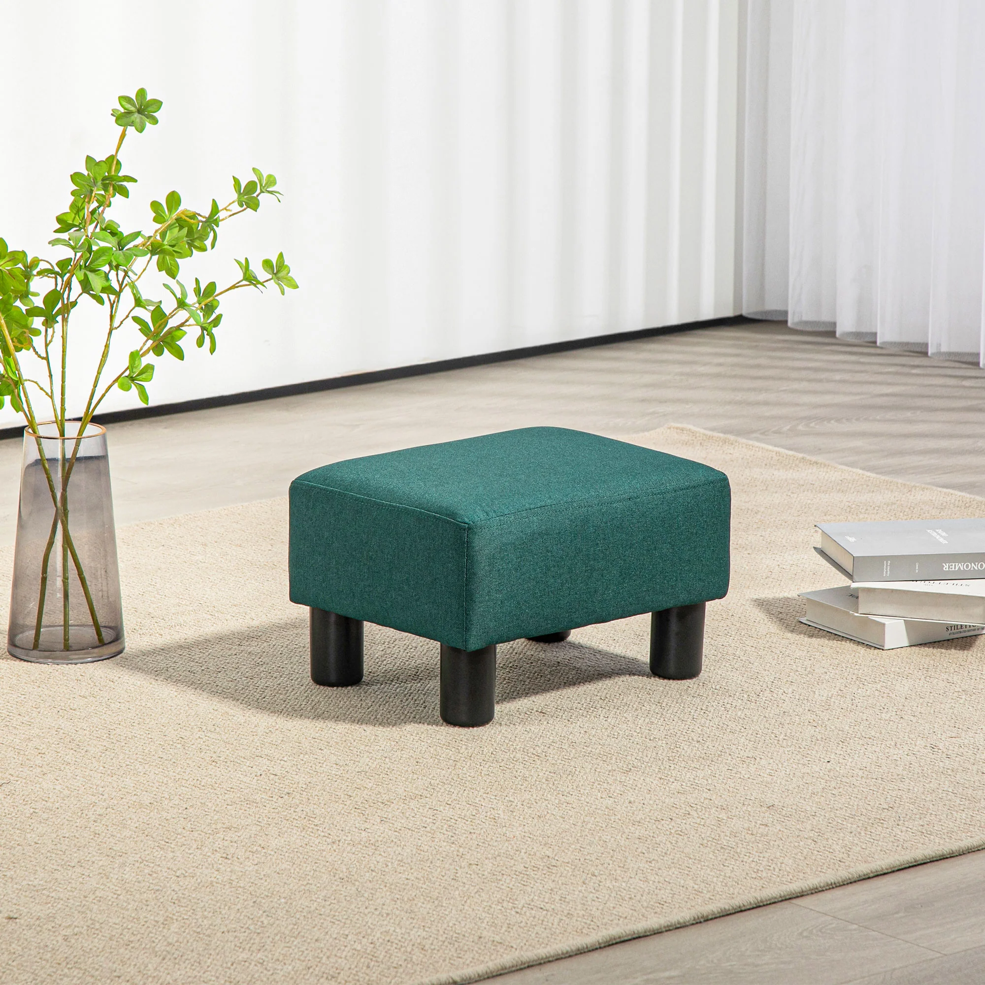 Small Ottoman Foot Rest with Linen Fabric Upholstery & Plastic Legs, Cube, Green - Image 9
