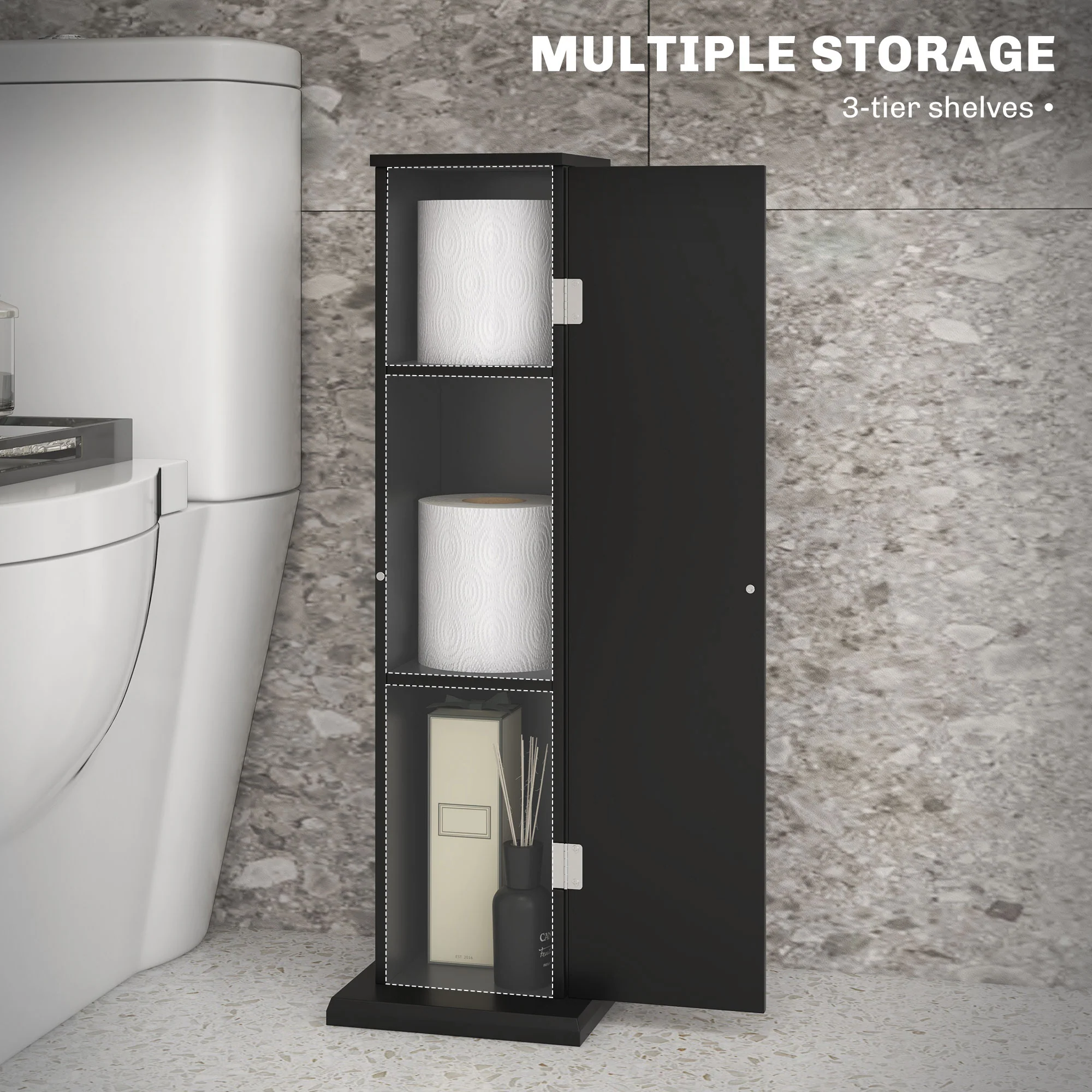 Small Toilet Paper Cabinet, Bathroom Corner Cabinet with Doors and Shelves, Black - Image 7