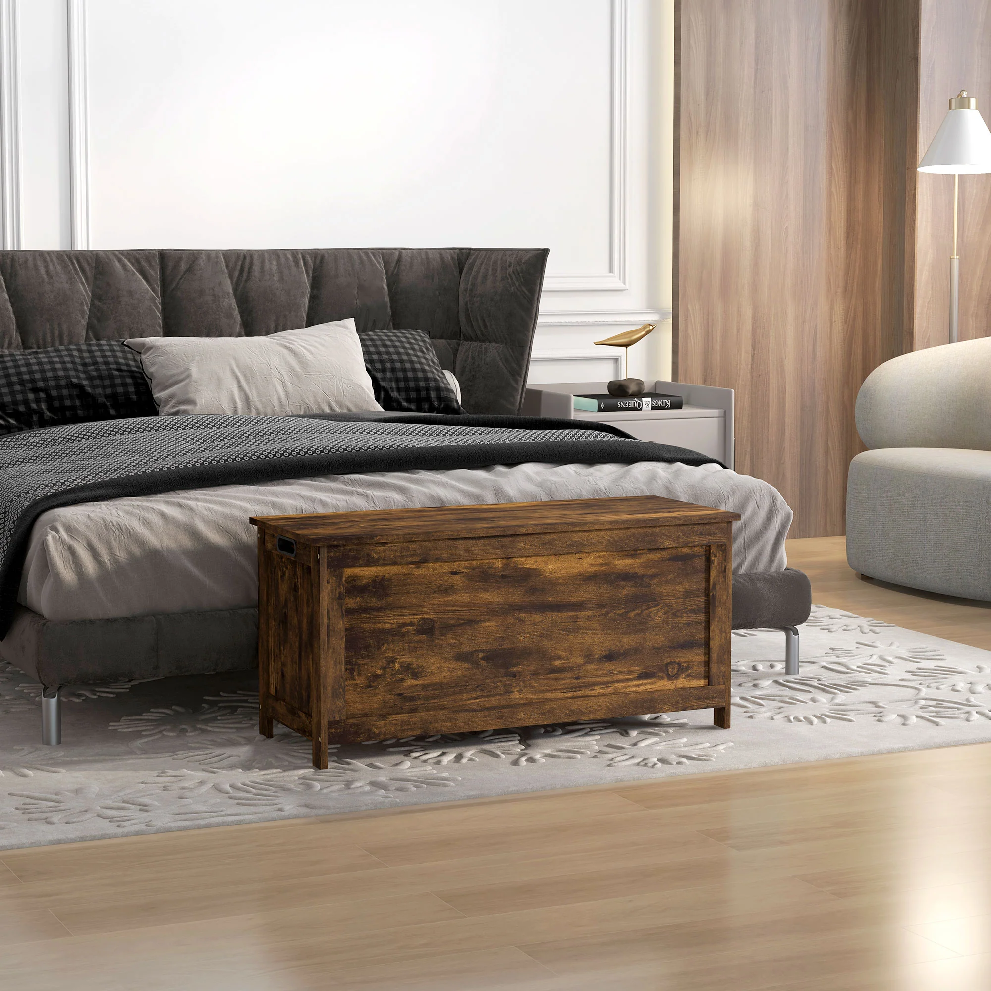 39.4" Storage Trunk w/ 2 Safety Hinges, Wooden Bench w/ Side Handles, Rustic Brown - Image 10