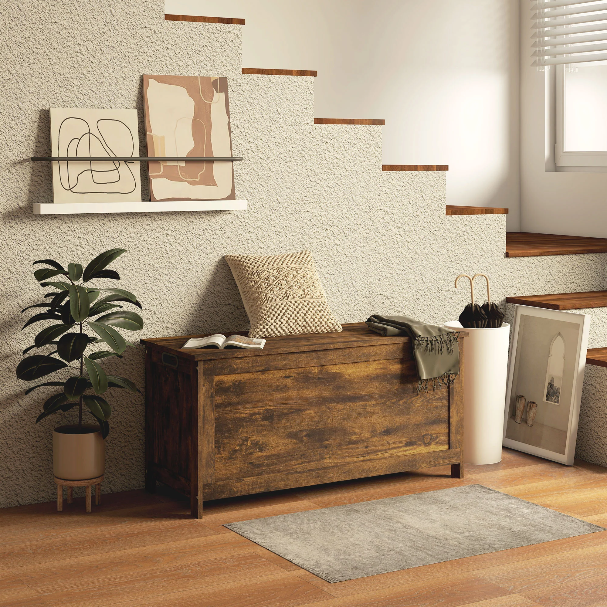 39.4" Storage Trunk w/ 2 Safety Hinges, Wooden Bench w/ Side Handles, Rustic Brown - Image 3