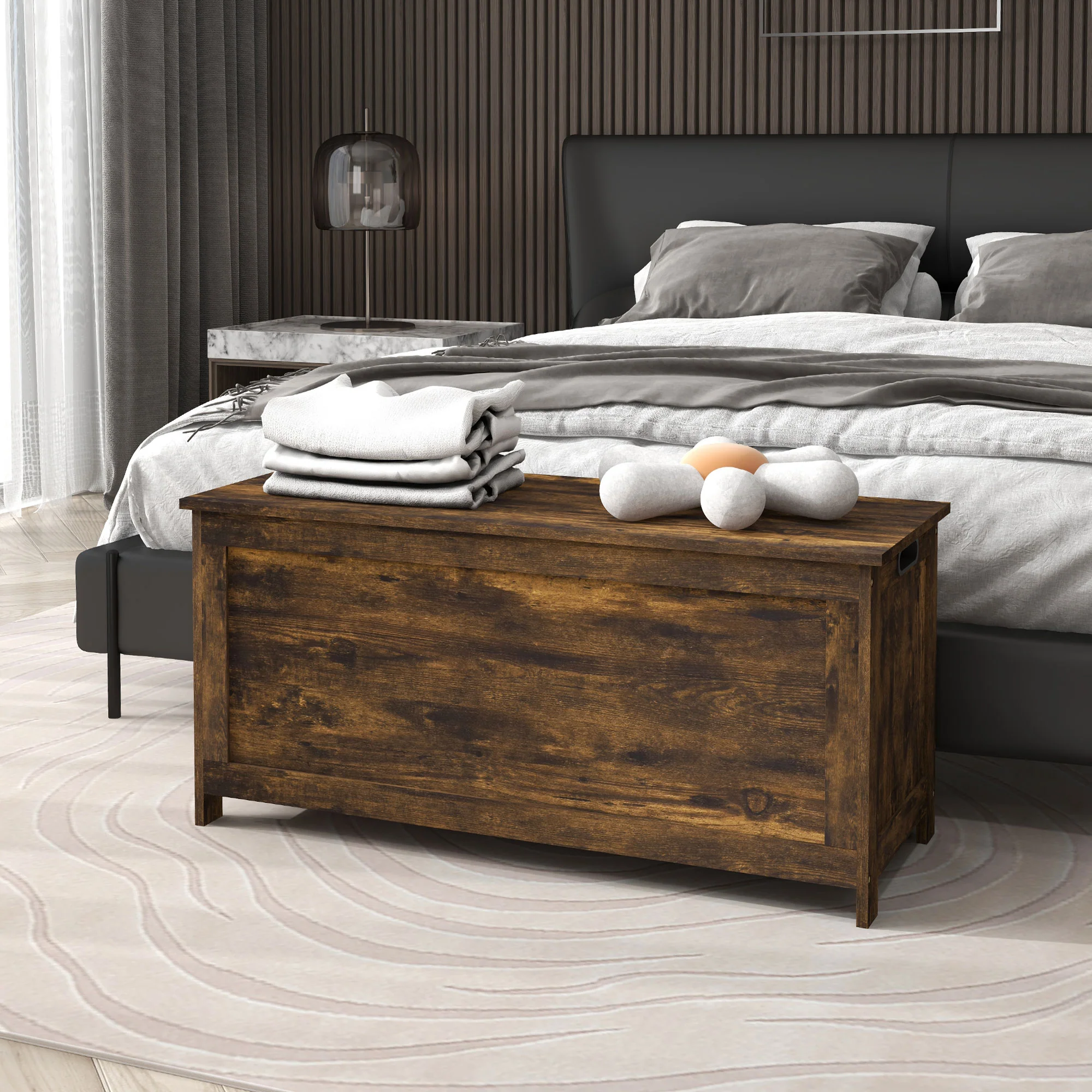39.4" Storage Trunk w/ 2 Safety Hinges, Wooden Bench w/ Side Handles, Rustic Brown - Image 4