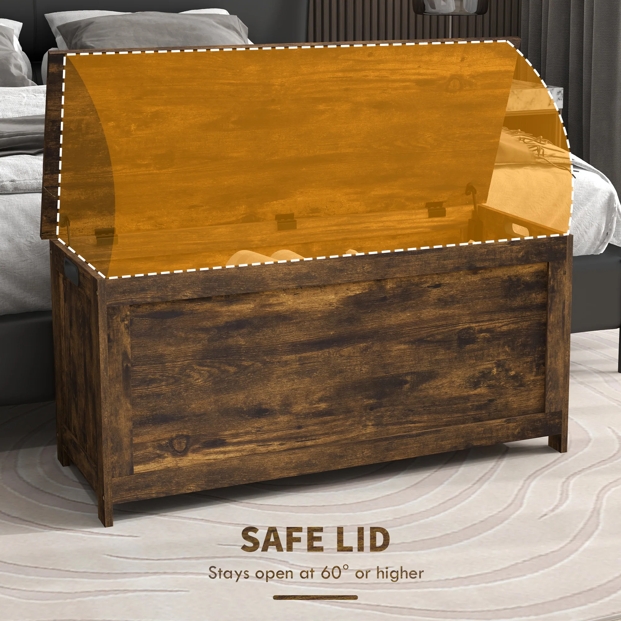 39.4" Storage Trunk w/ 2 Safety Hinges, Wooden Bench w/ Side Handles, Rustic Brown - Image 6