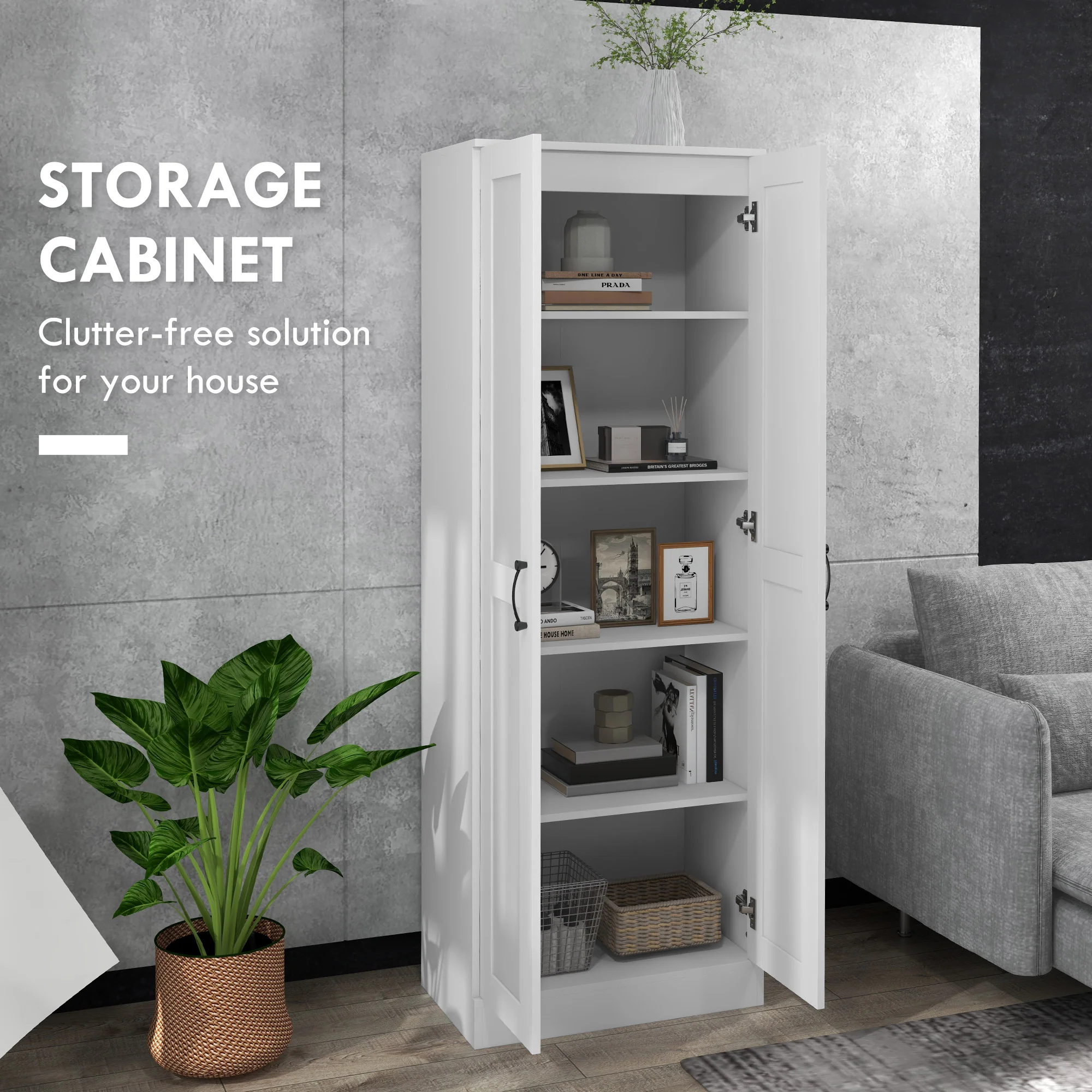 Storage Cabinet w/ Adjustable Shelves, Pantry Cupboard, White - Image 6