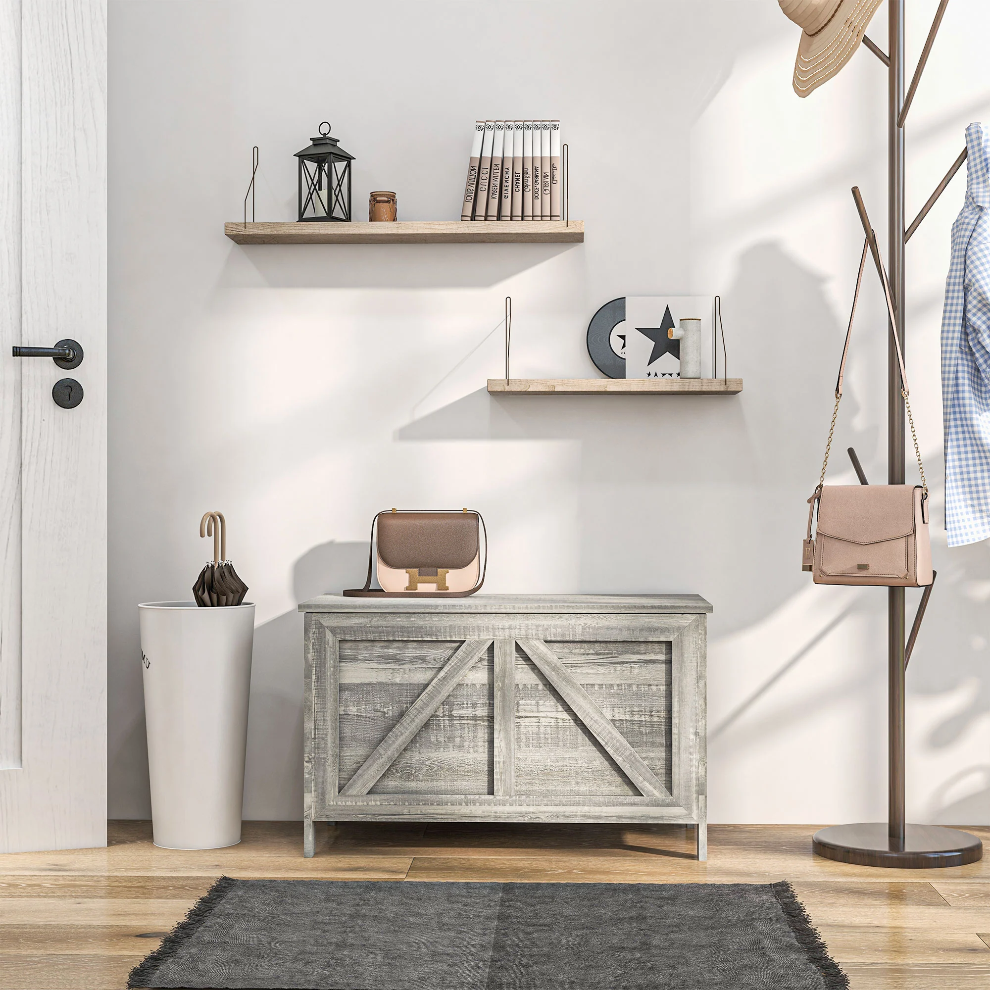 Farmhouse Lift Top Box Organizer with Safety Hinge for Bedroom, Gray Wood Grain - Image 10