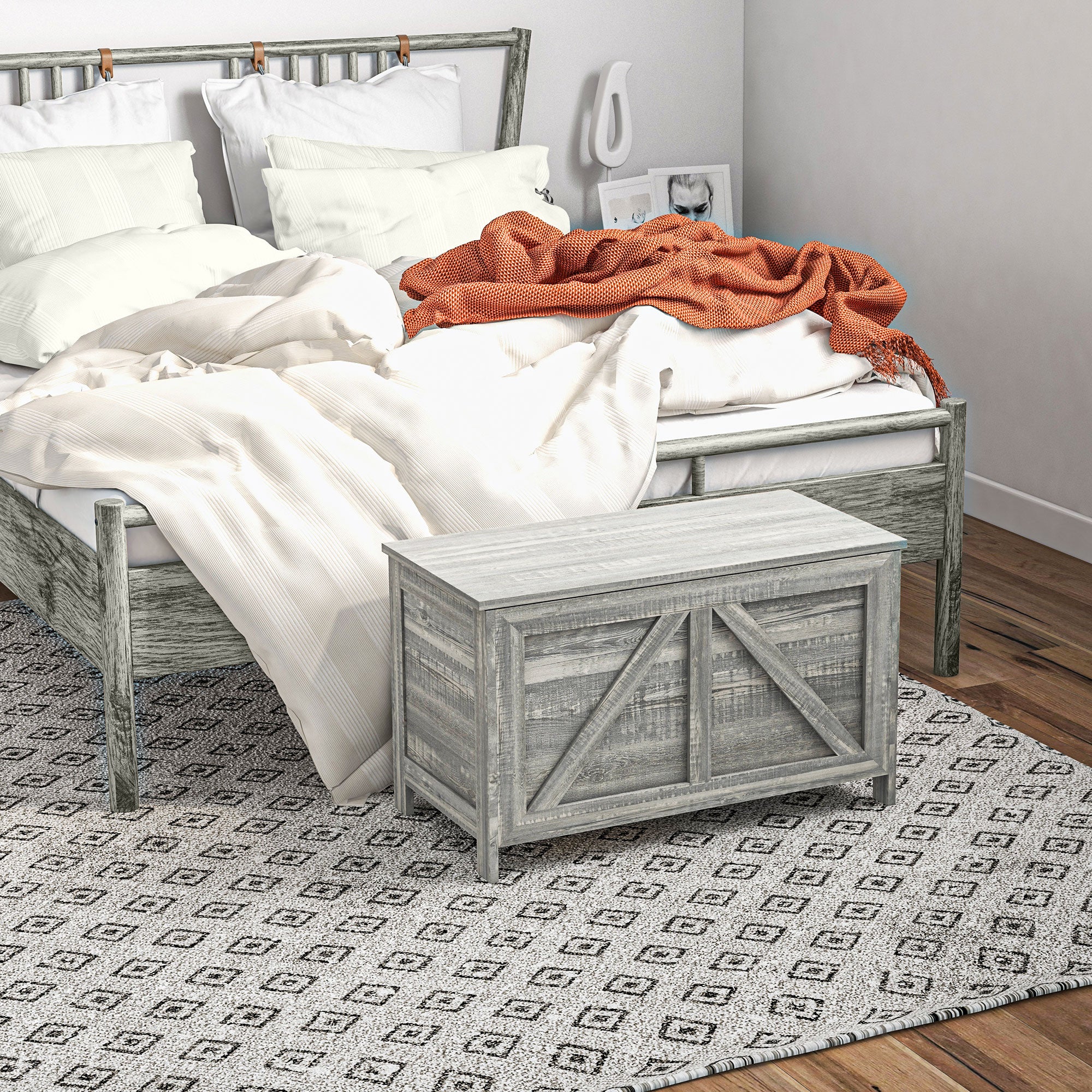 Farmhouse Lift Top Box Organizer with Safety Hinge for Bedroom, Gray Wood Grain - Image 11