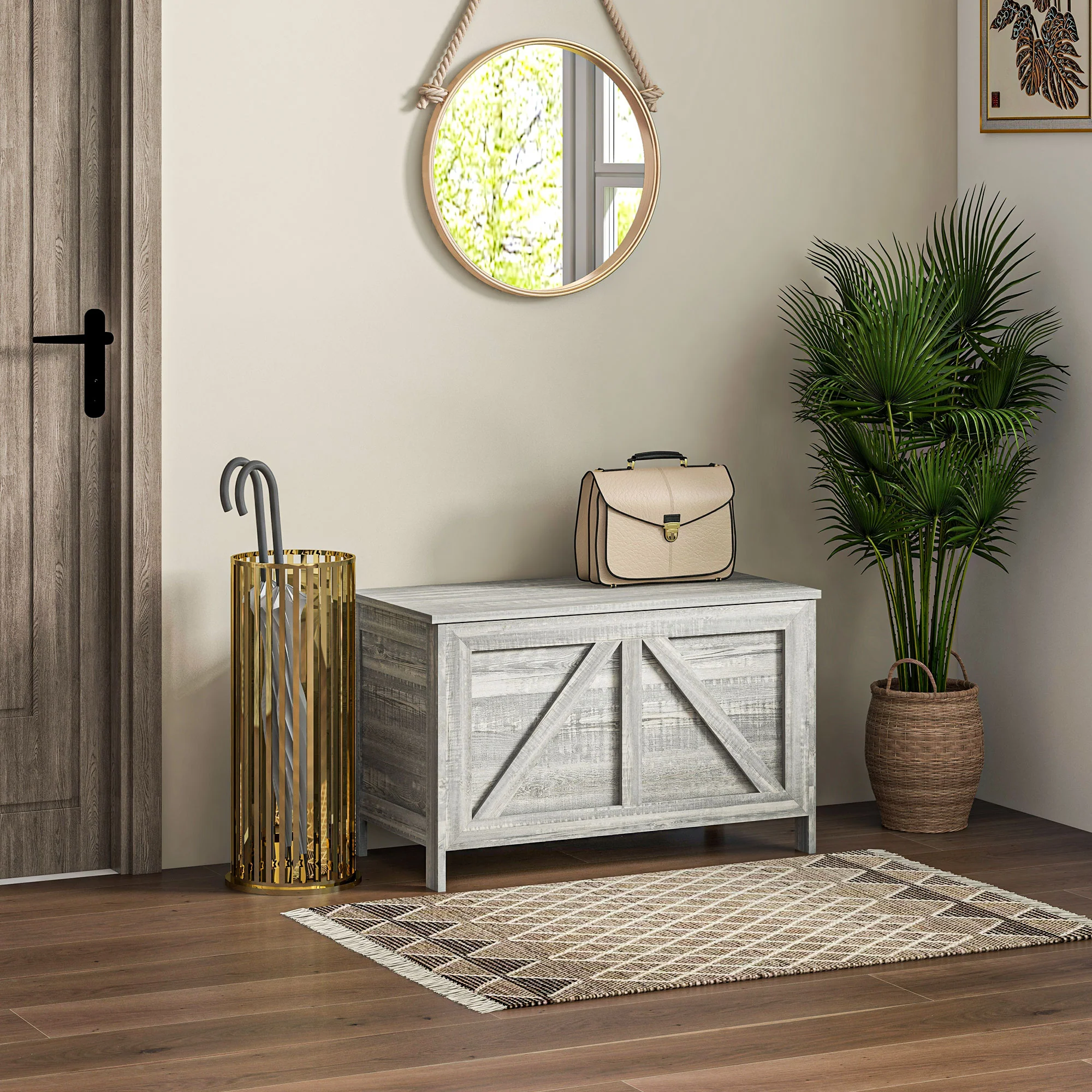 Farmhouse Lift Top Box Organizer with Safety Hinge for Bedroom, Gray Wood Grain - Image 3