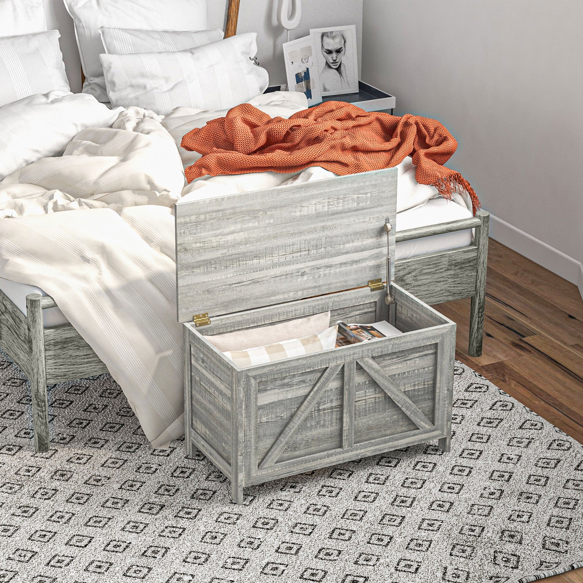 Farmhouse Lift Top Box Organizer with Safety Hinge for Bedroom, Gray Wood Grain - Image 4
