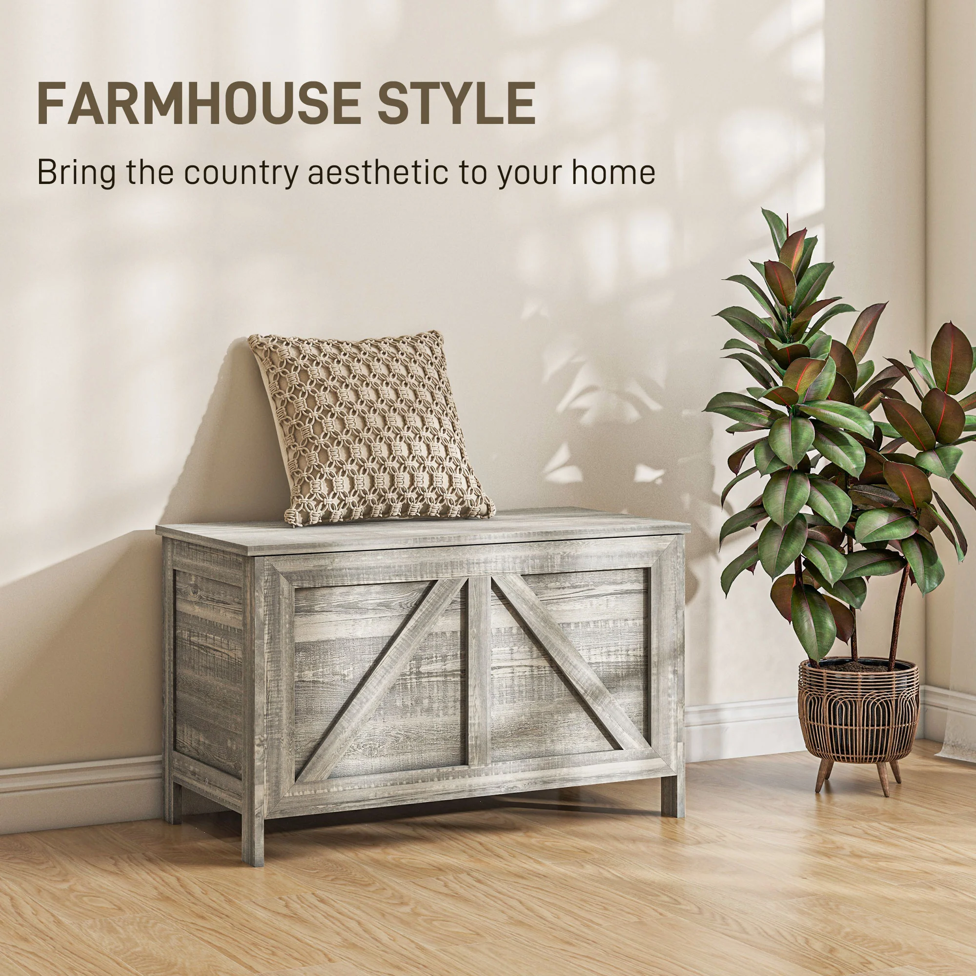 Farmhouse Lift Top Box Organizer with Safety Hinge for Bedroom, Gray Wood Grain - Image 6