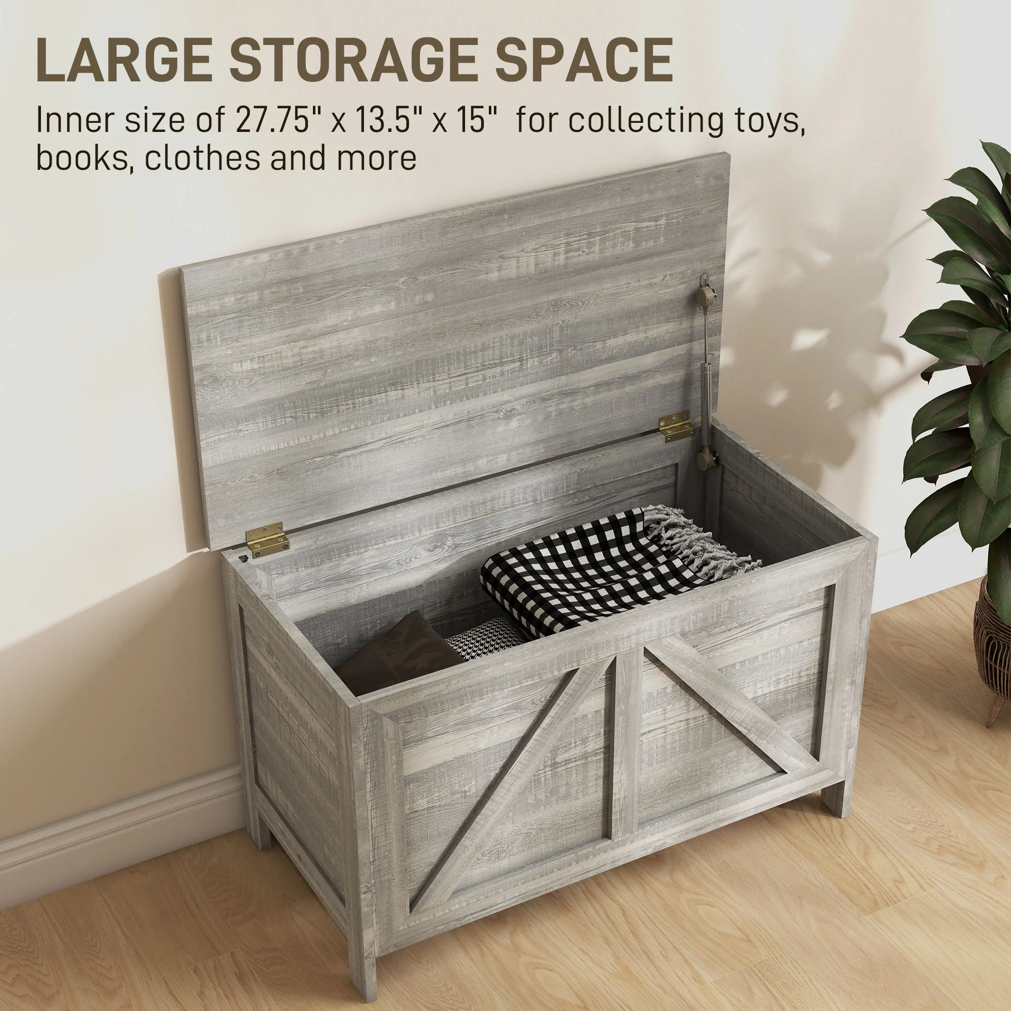 Farmhouse Lift Top Box Organizer with Safety Hinge for Bedroom, Gray Wood Grain - Image 7