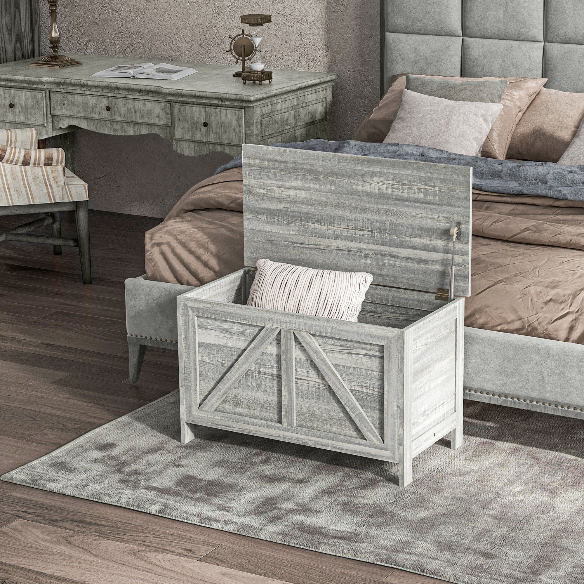 Farmhouse Lift Top Box Organizer with Safety Hinge for Bedroom, Gray Wood Grain - Image 9