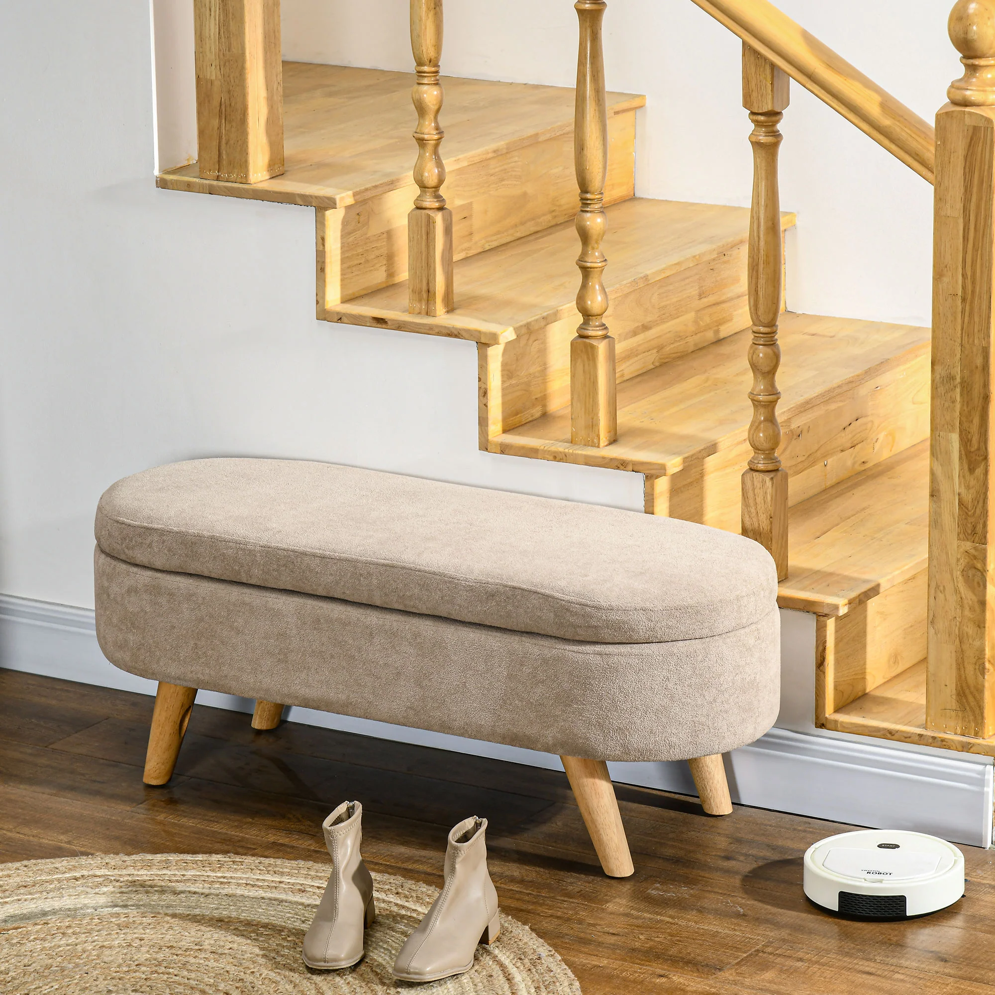 43.3" Upholstered End of Bed Bench with Wood Legs, Storage Ottoman for Entryway, Beige - Image 4