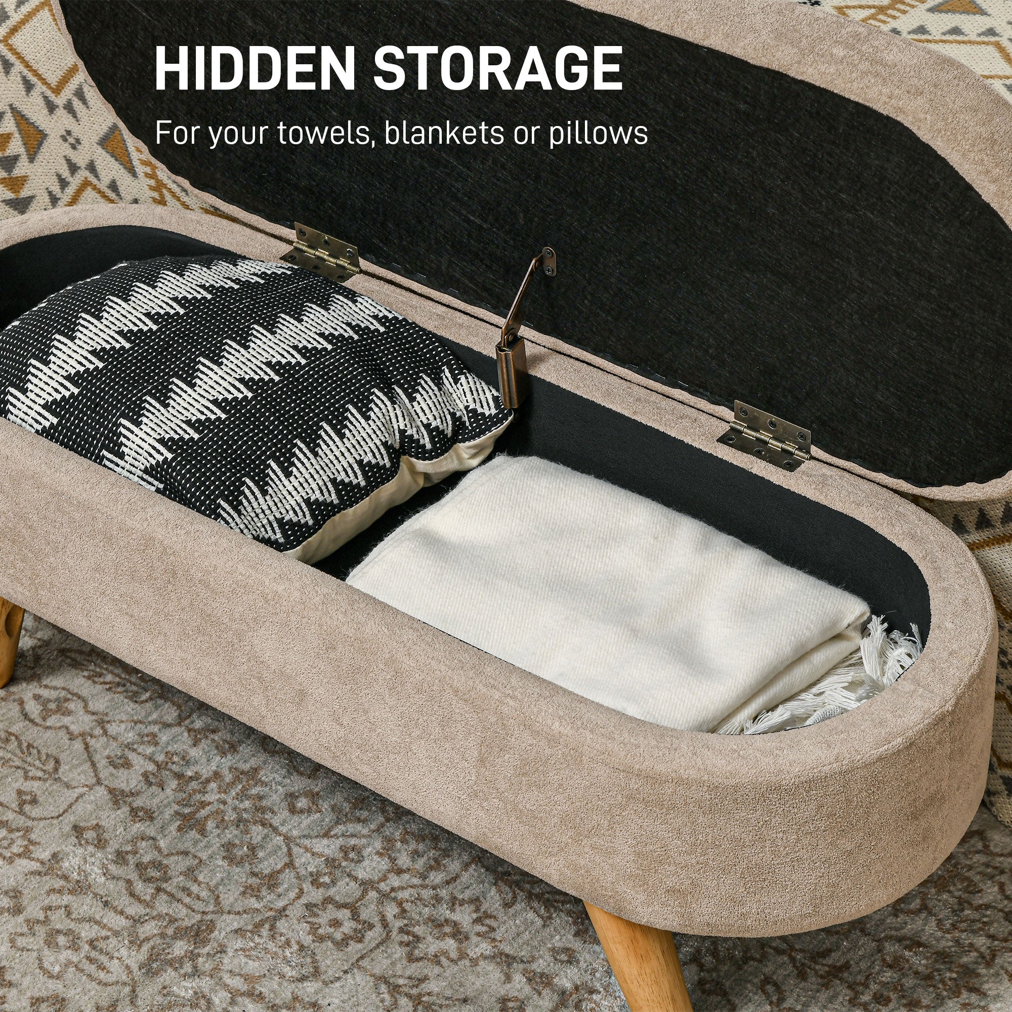 43.3" Upholstered End of Bed Bench with Wood Legs, Storage Ottoman for Entryway, Beige - Image 6