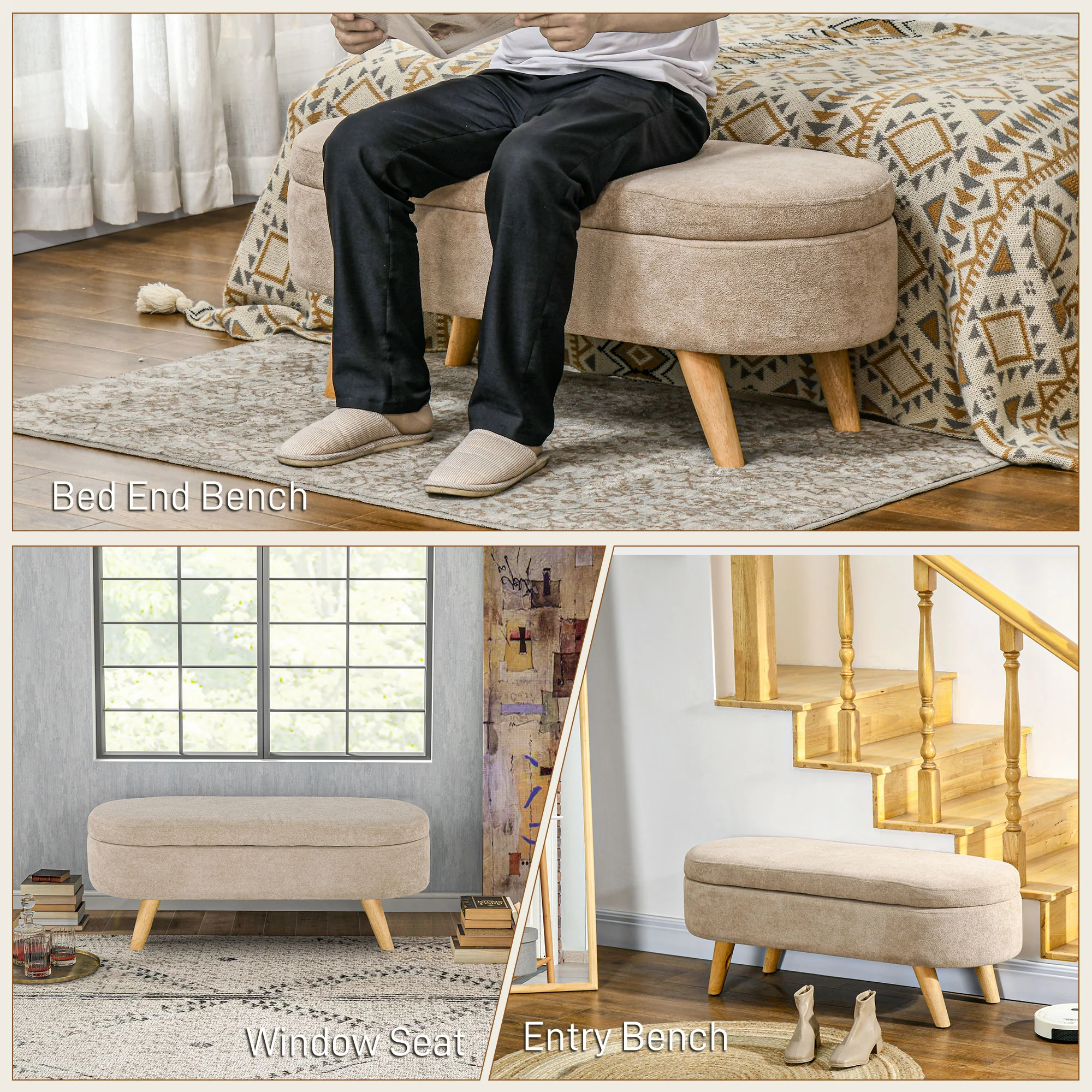 43.3" Upholstered End of Bed Bench with Wood Legs, Storage Ottoman for Entryway, Beige - Image 8