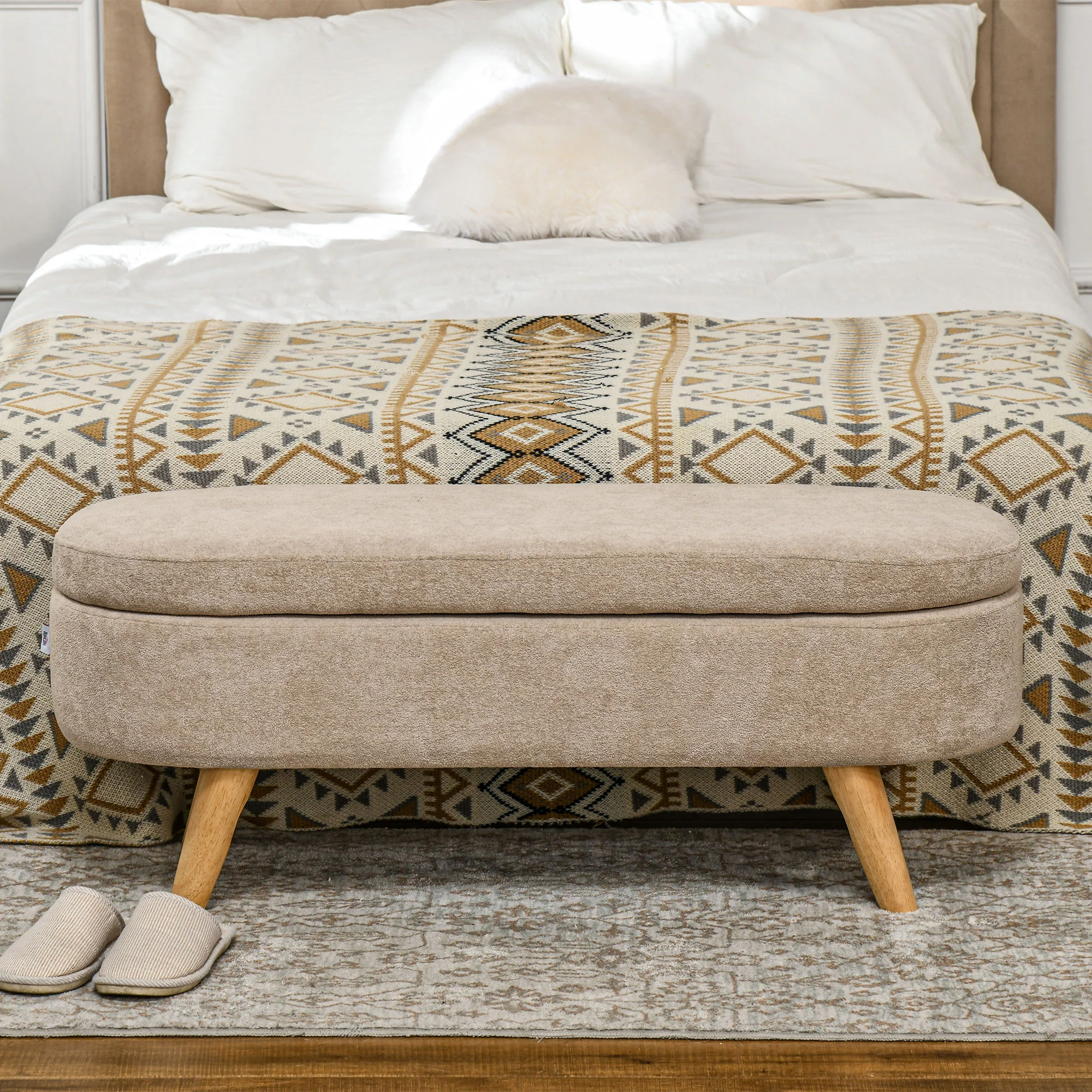 43.3" Upholstered End of Bed Bench with Wood Legs, Storage Ottoman for Entryway, Beige - Image 9