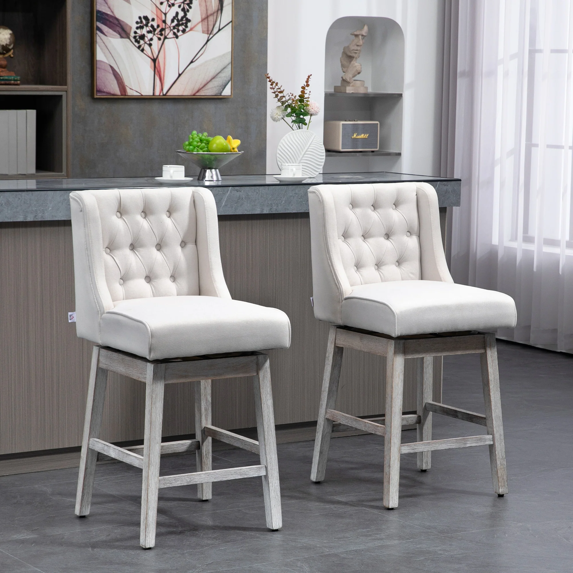 27" Counter Height Stools, Swivel, Linen Upholstery, Button Tufted, Beige - Image 4