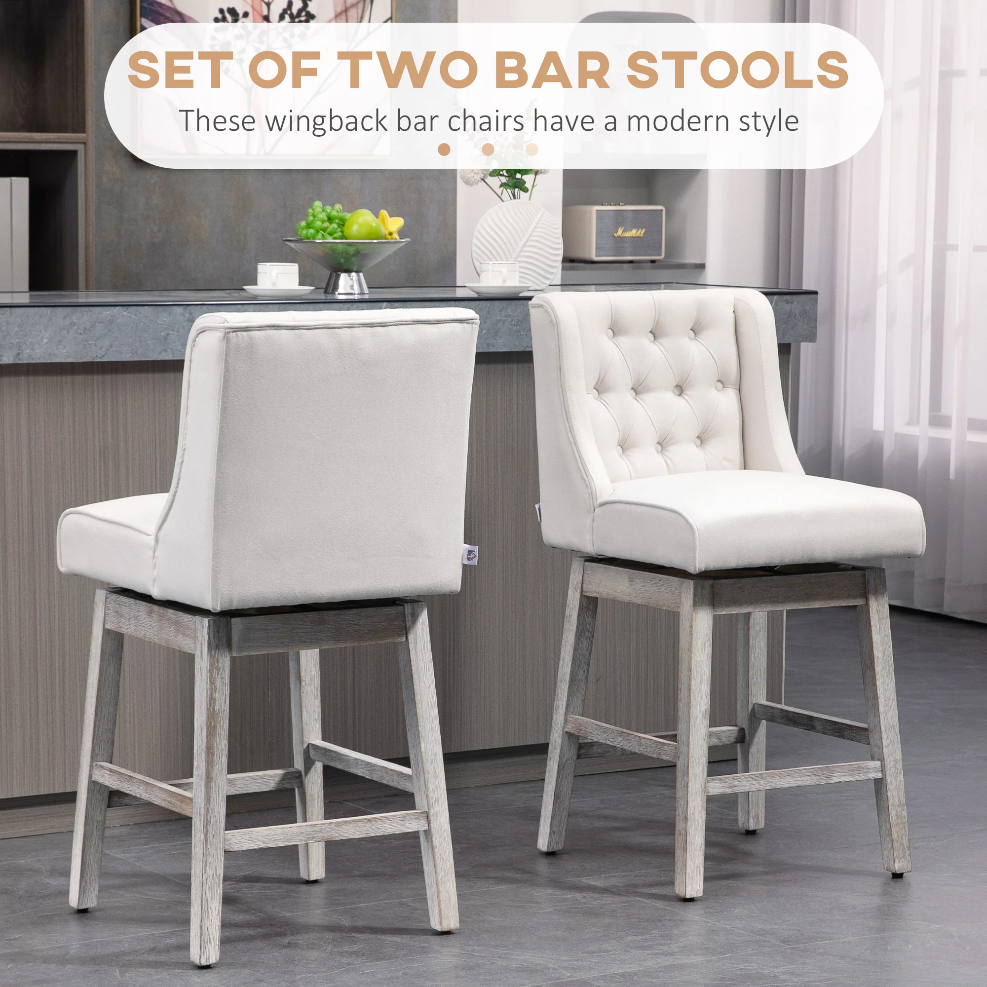 27" Counter Height Stools, Swivel, Linen Upholstery, Button Tufted, Beige - Image 6