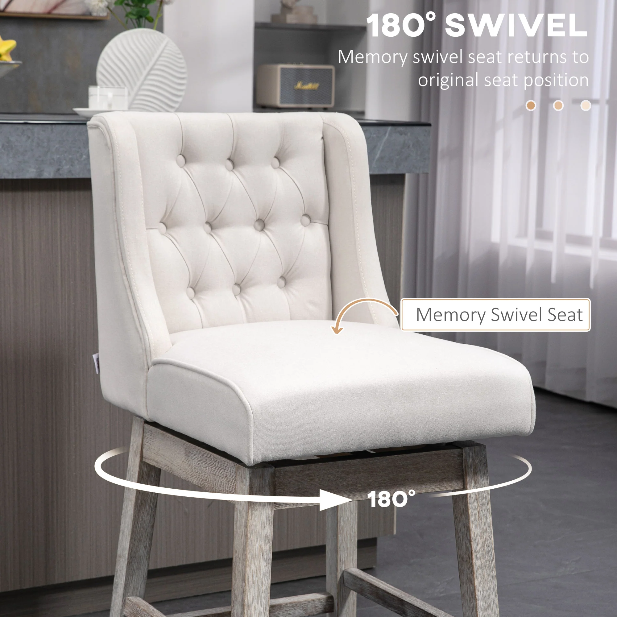 27" Counter Height Stools, Swivel, Linen Upholstery, Button Tufted, Beige - Image 7