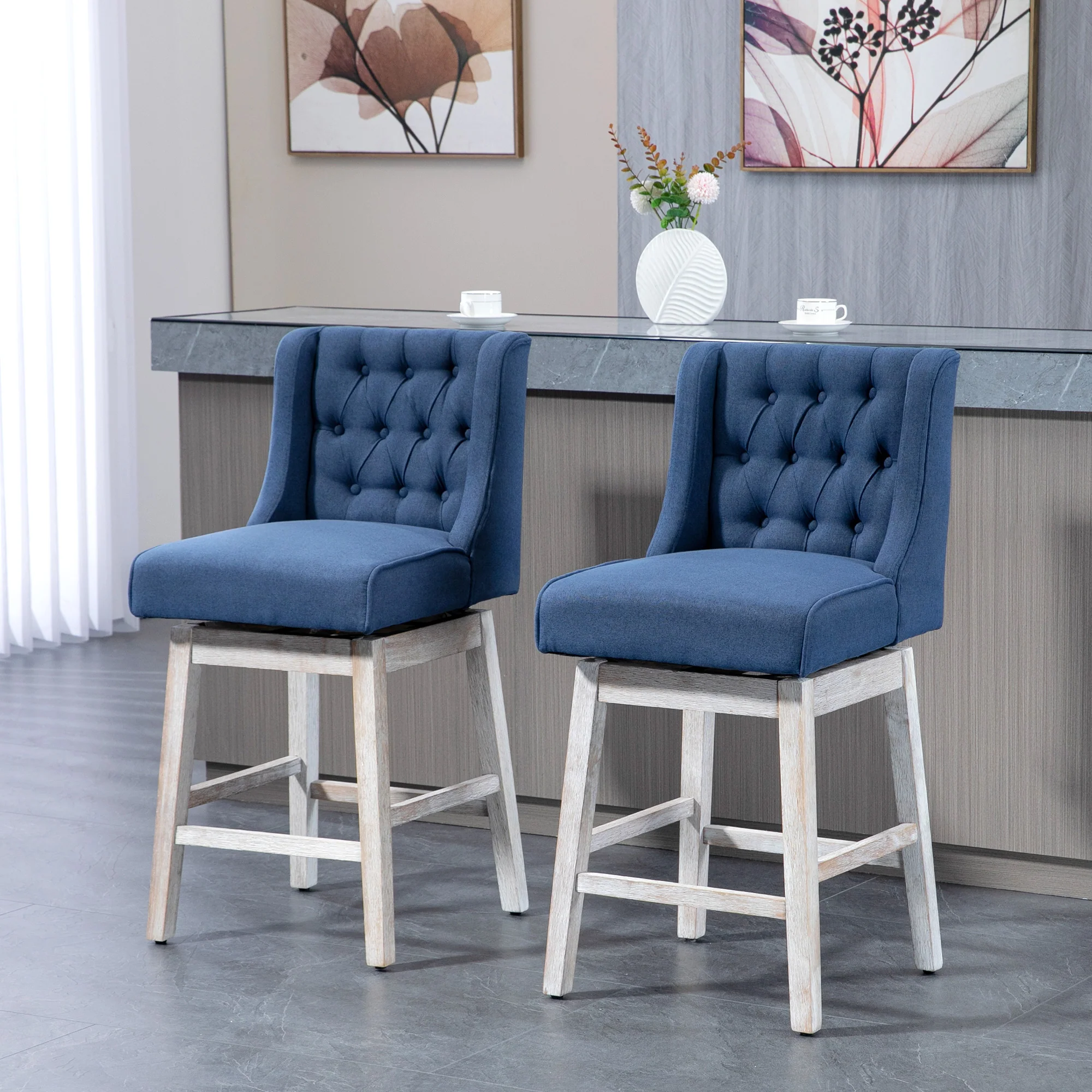 27" Counter Height Stools, Swivel, Linen Upholstery, Button Tufted, Blue - Image 3